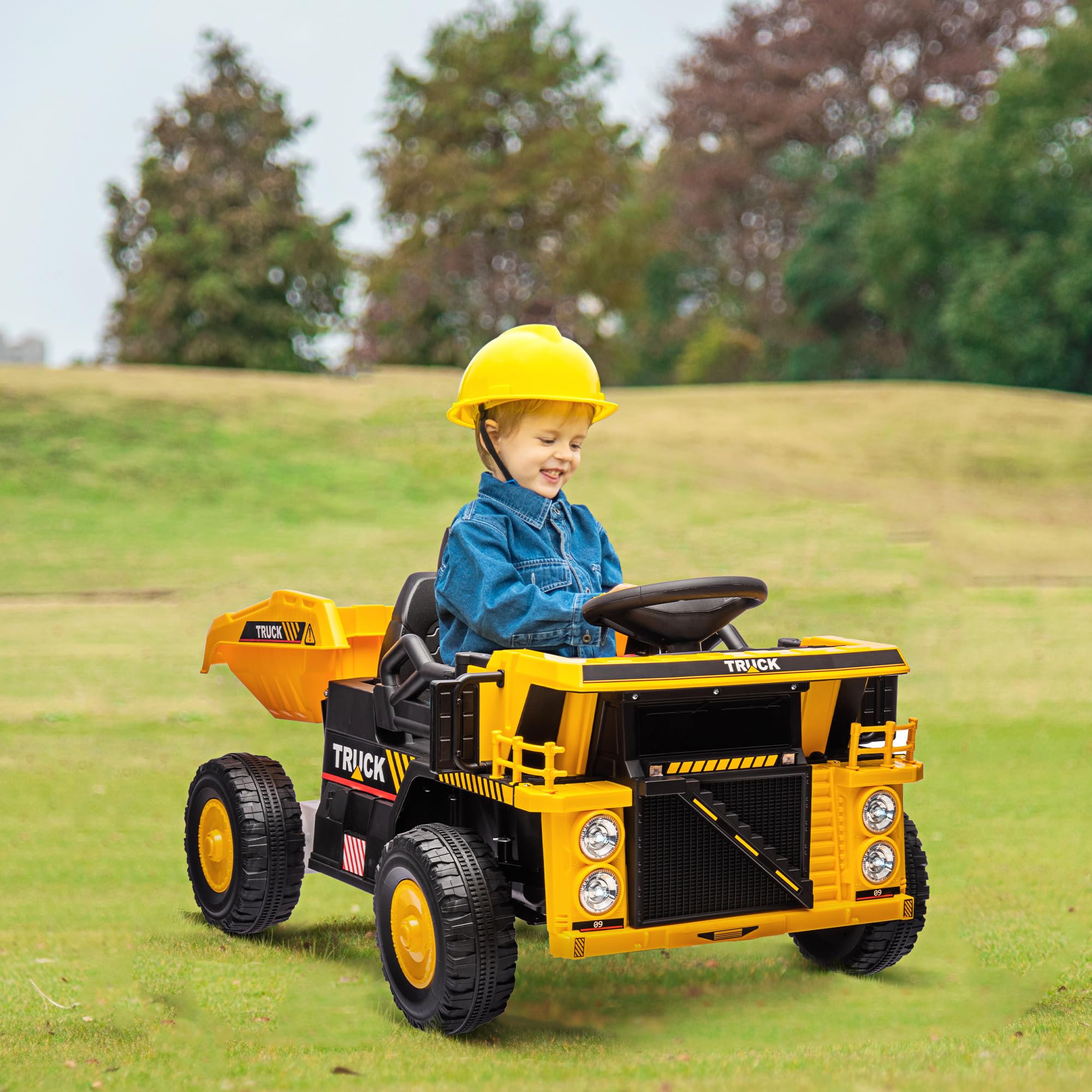 AIYAPLAY Elektrischer Traktor mit Schaufel, 12 V, für 3-5 Jahre, Gelb | Kinder Aufsitztraktor, Selbstfahrend, Kinder Elektroauto mit MP3 Funktion, Kinderfahrzeug mit Scheinwerfer, 3-6 km/h