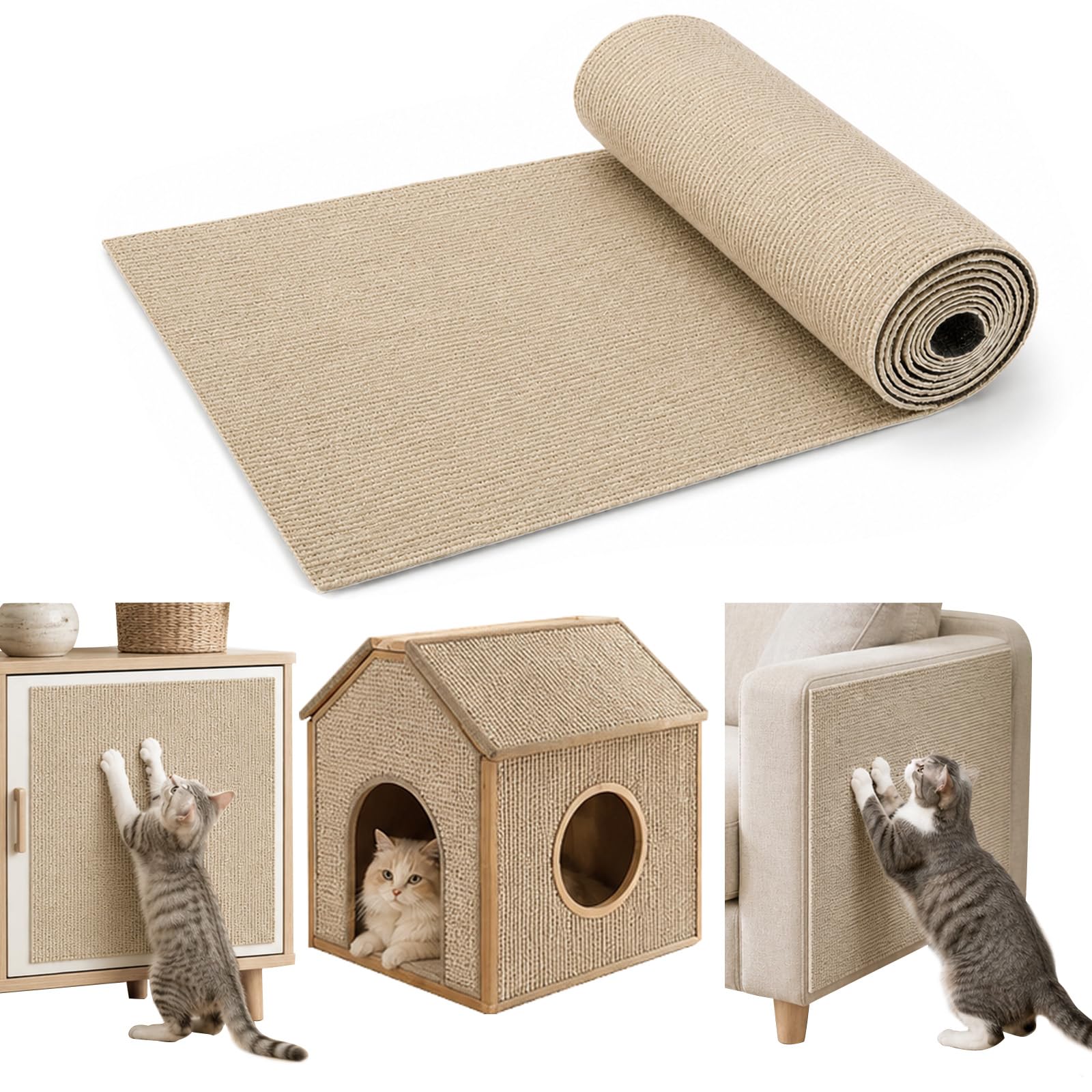 Thickened Self Adhesive Cat Scratching Mat, 40×200cm DIY Cuttable Climbing Wall Scratch Pad, Anti Scratch Furniture Protector for Sofa, Wall, Floor, Beige