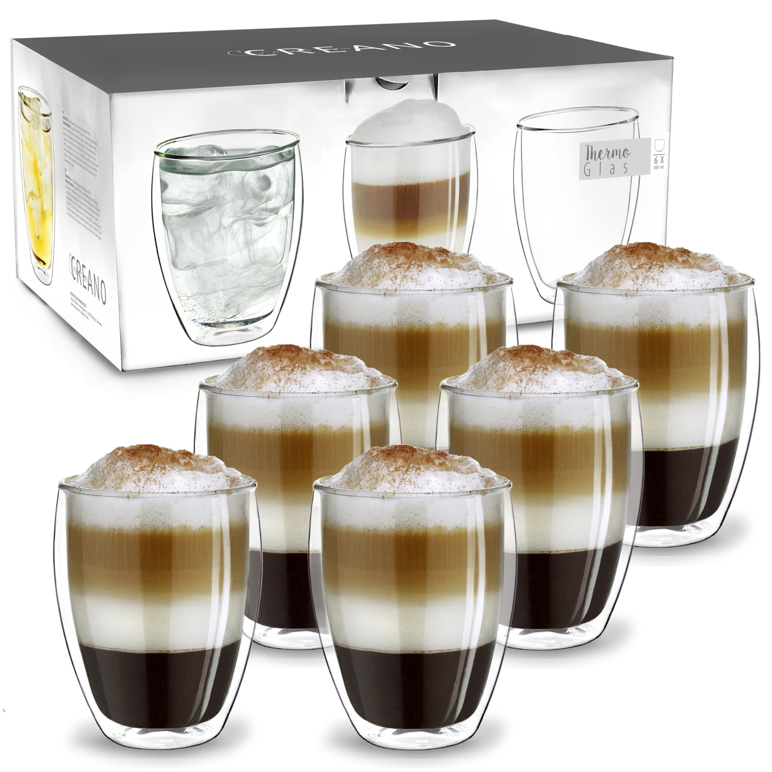 Creano Vasos de Doble Pared XXL „Modelo Estilizado“ de Vidrio de Borosilicato Aislantes para Café y Té 400ml – Juego de 6 Vasos