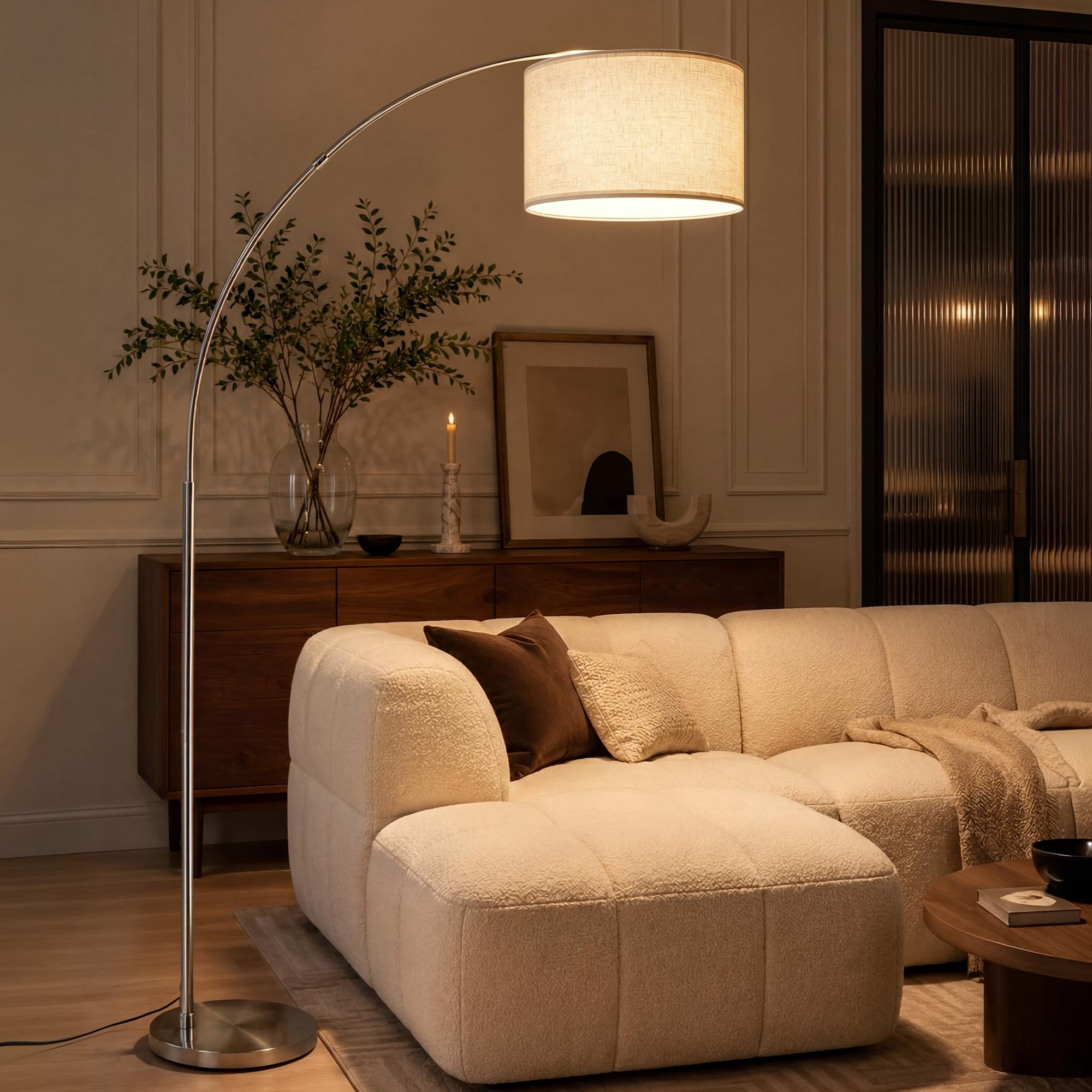 Stylish Arc Floor Lamp for Living Room, 200cm Tall Over Sofa Arc Standing Lamp with Soft Beige Lampshade, Sturdy 6kg Metal Base, Easy Foot Switch, 9W 3-Colour Bulb Included and Adjustable Lamp Head