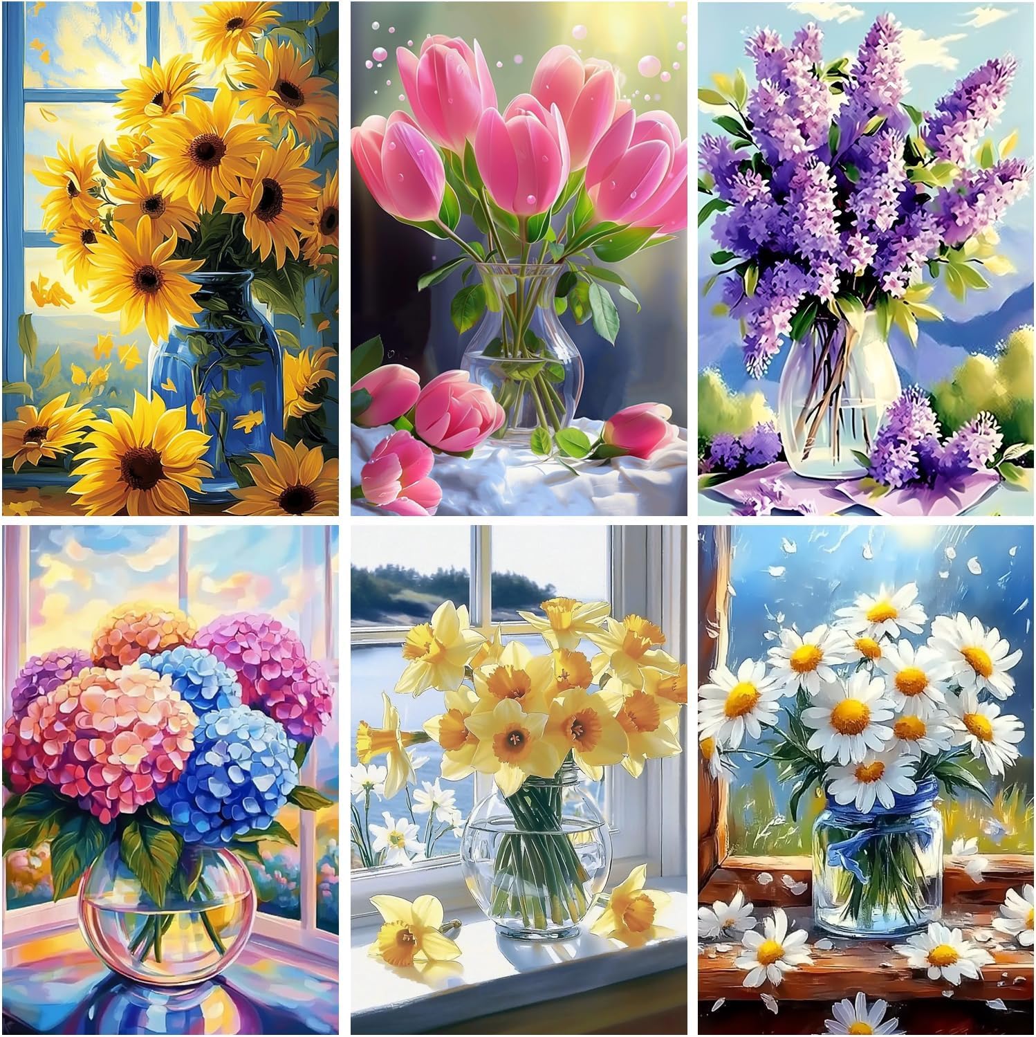 BEAYIOU 6 Pack 5D Diamond Painting Kits for Adults,Flowers Diamond Art Kits for Adults Beginners of All Ages, Round Full Drill Arts and Crafts Gems Home Wall Decor 12x16 Inches Flowers