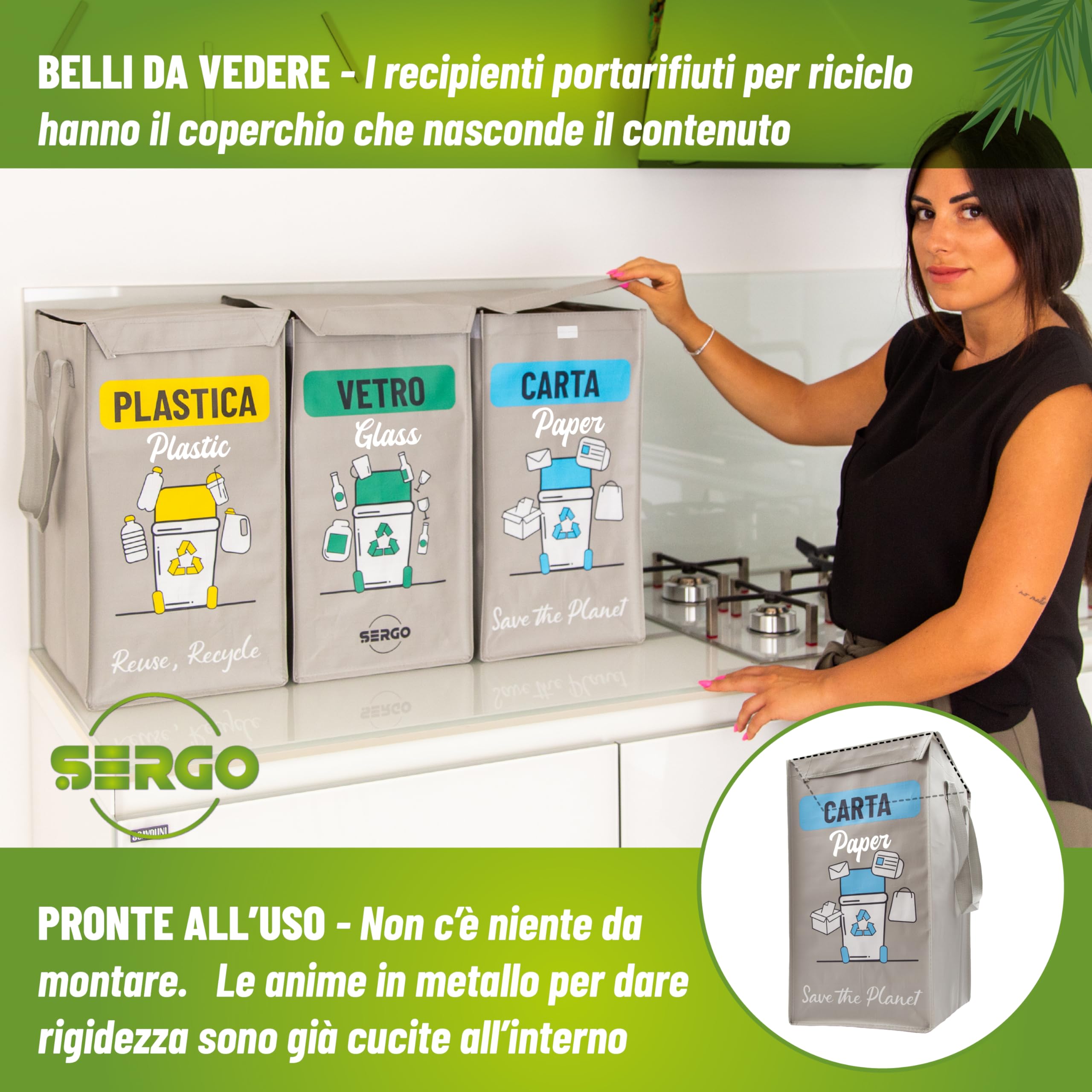 SERGO Borse Raccolta Differenziata con Coperchio - Contenitori Differenziata Interno e Esterno per Plastica, Carta e Vetro - Pattumiera differenziata 3 scomparti color Grigio chiaro