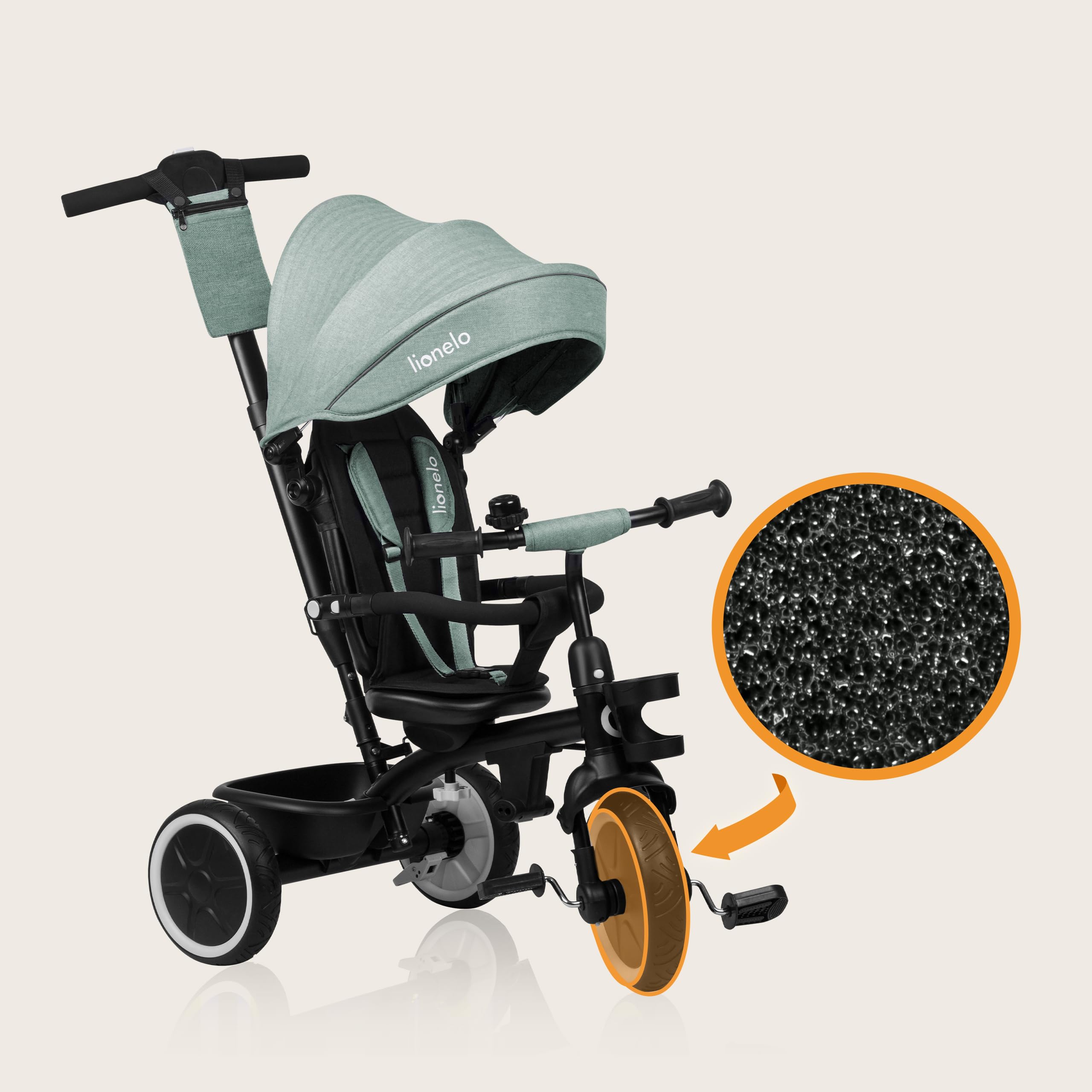 LIONELO Berry Triciclo Multifuncional de Paseo Silla de Paseo de 9 Meses a 5 años a 25 kg Ruedas Grandes de PU, Triciclo Asiento Giratorio 360° Montaje sin Herramientas