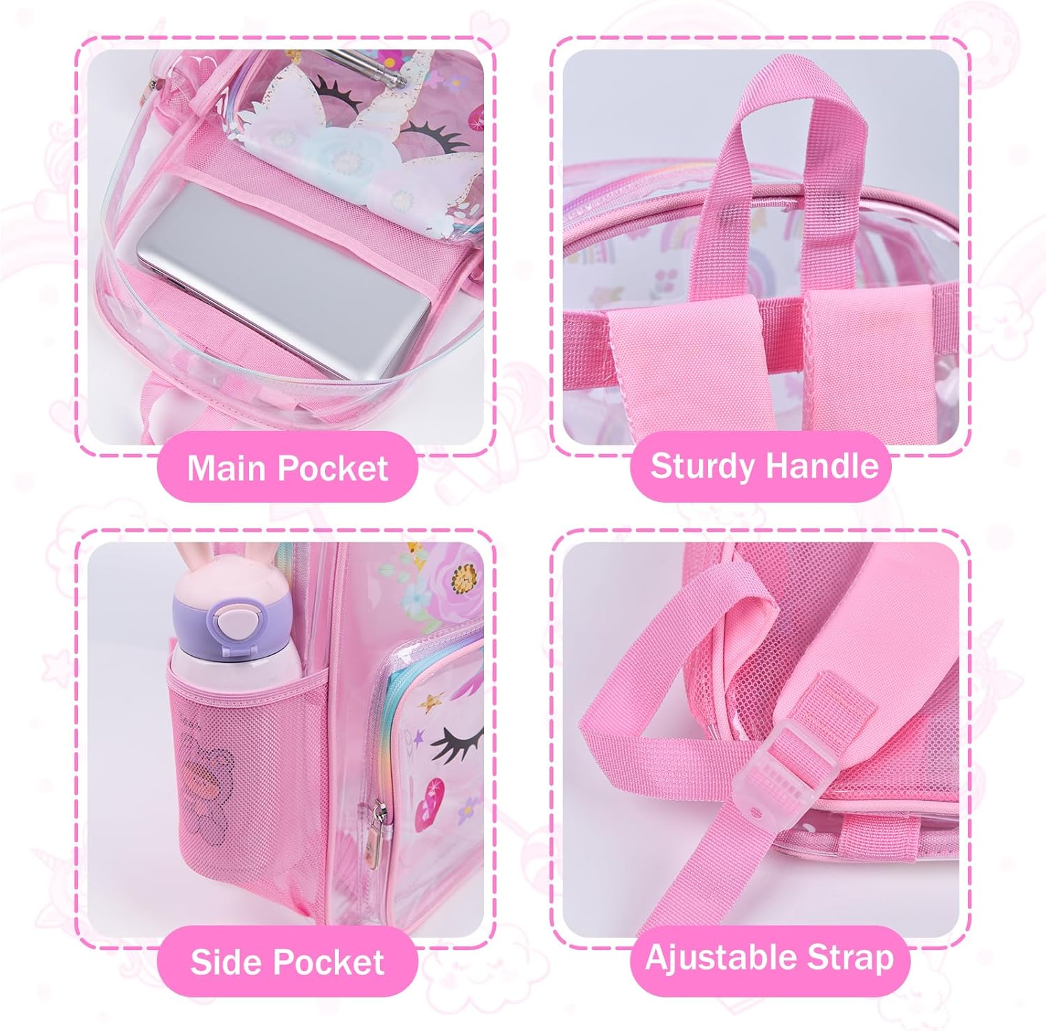 SHPMXUPW 3PCS Clear School Backpack for Kids - Unicorn Backpack for Girls 4-8, Heavy Duty Transparent Pink Bookbag with Lunch Bag and Pencil Case - See Through PVC Transparent Bookbag - Image 5