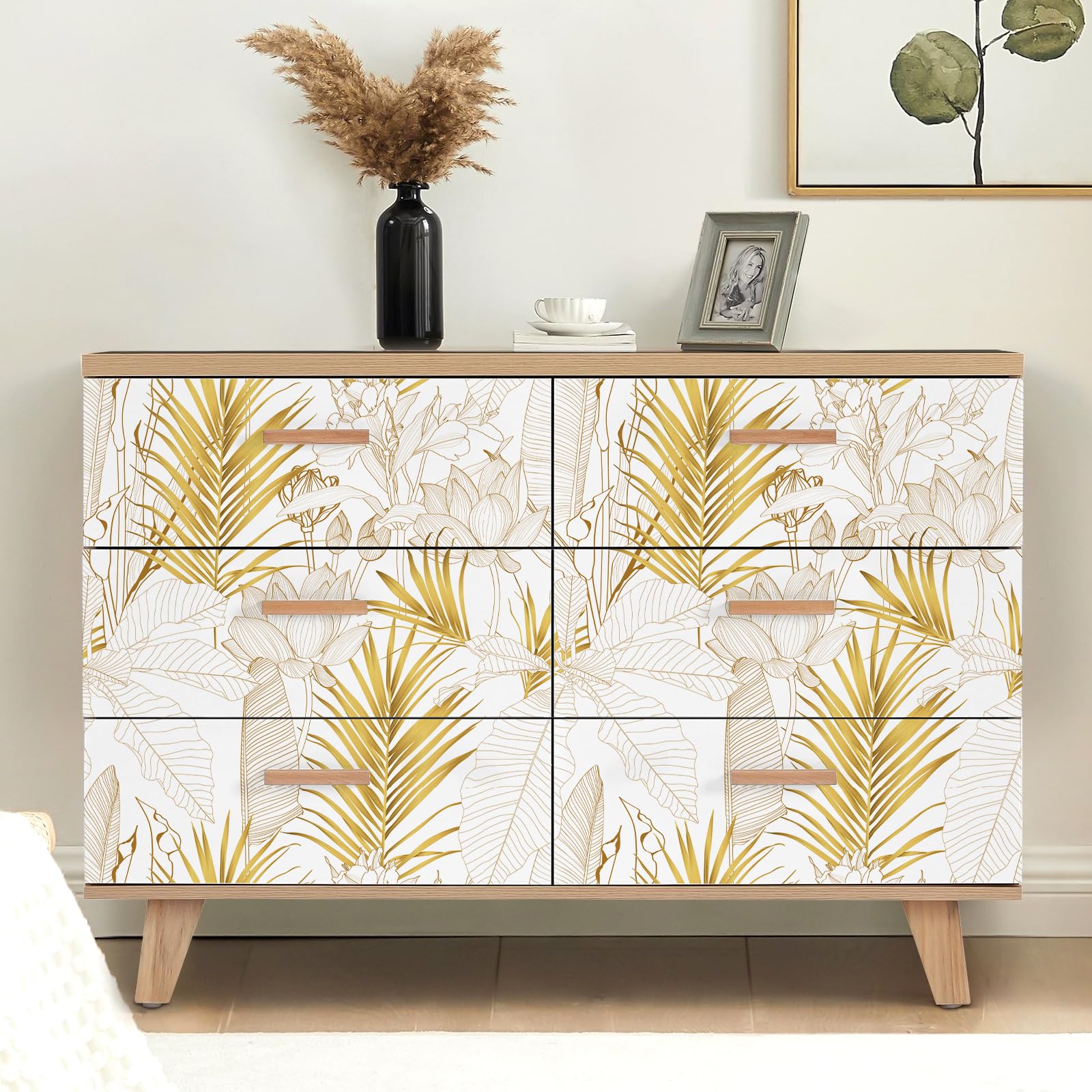 VEELIKE Papel Pintado Flores Loto Oro Boho 44,5 cm × 900 cm Papel Pintado Hojas Palmera Dorado Tropicales Murales Decorativos Pared Dormitorio Salon Vinilo Adhesivo Pared Habitación Extraíble