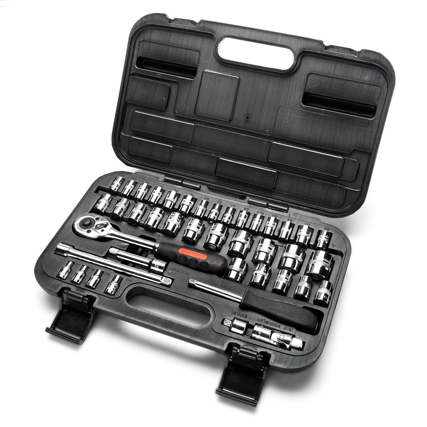MAXPOWER 42-Piece 1/4" & 3/8" Dr. Socket Wrench Set - Metric + SAE - With Included Sockets, Ratchet Handle, Extension Bars, Universal Joint, Adapter, Spinner Handle, and Carrying Case