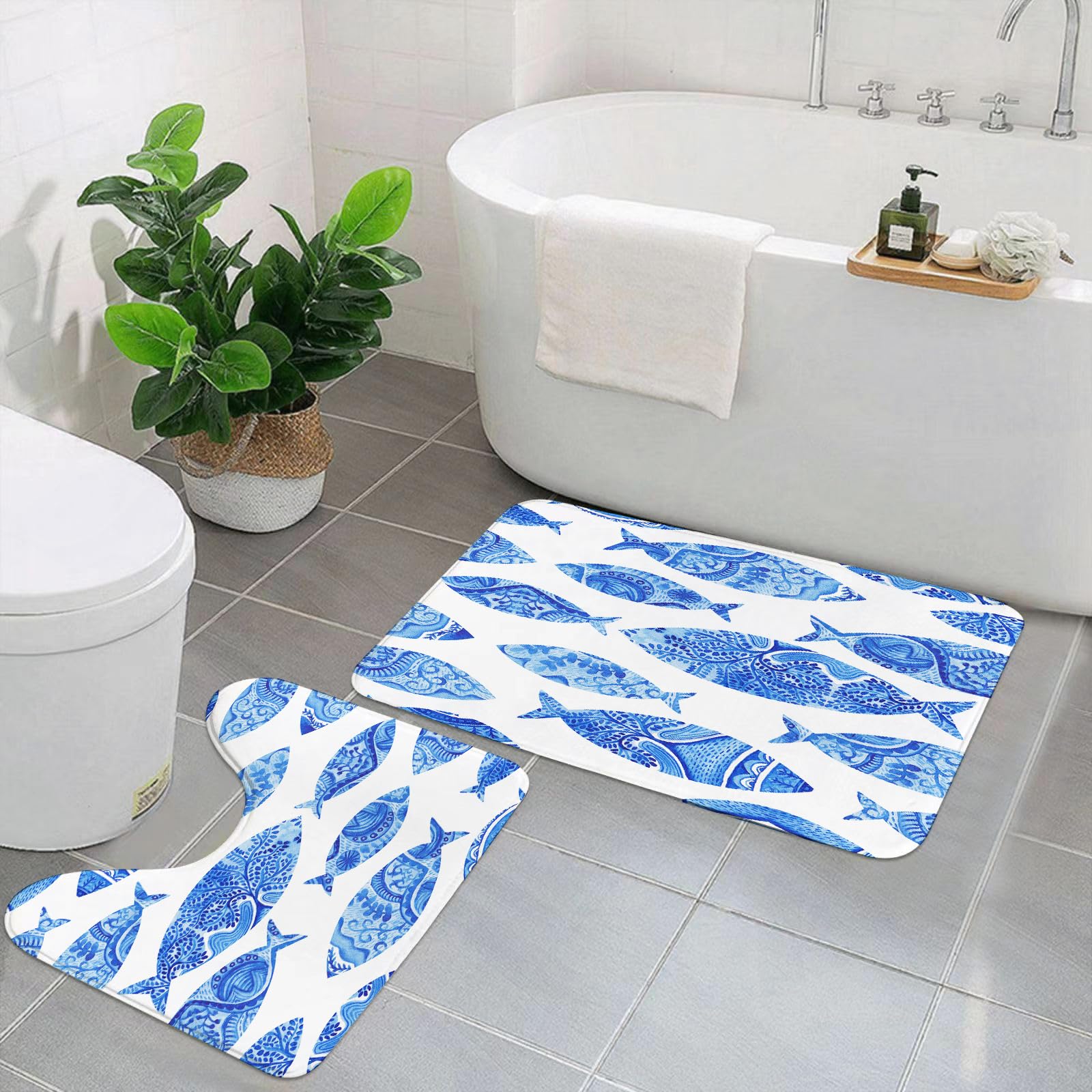 Set di 2 tappetini da Bagno, Lavabili in Lavatrice e Antiscivolo, in Morbida Fibra Superfine, con Mosaico Decorato Anti-ottomano (2)