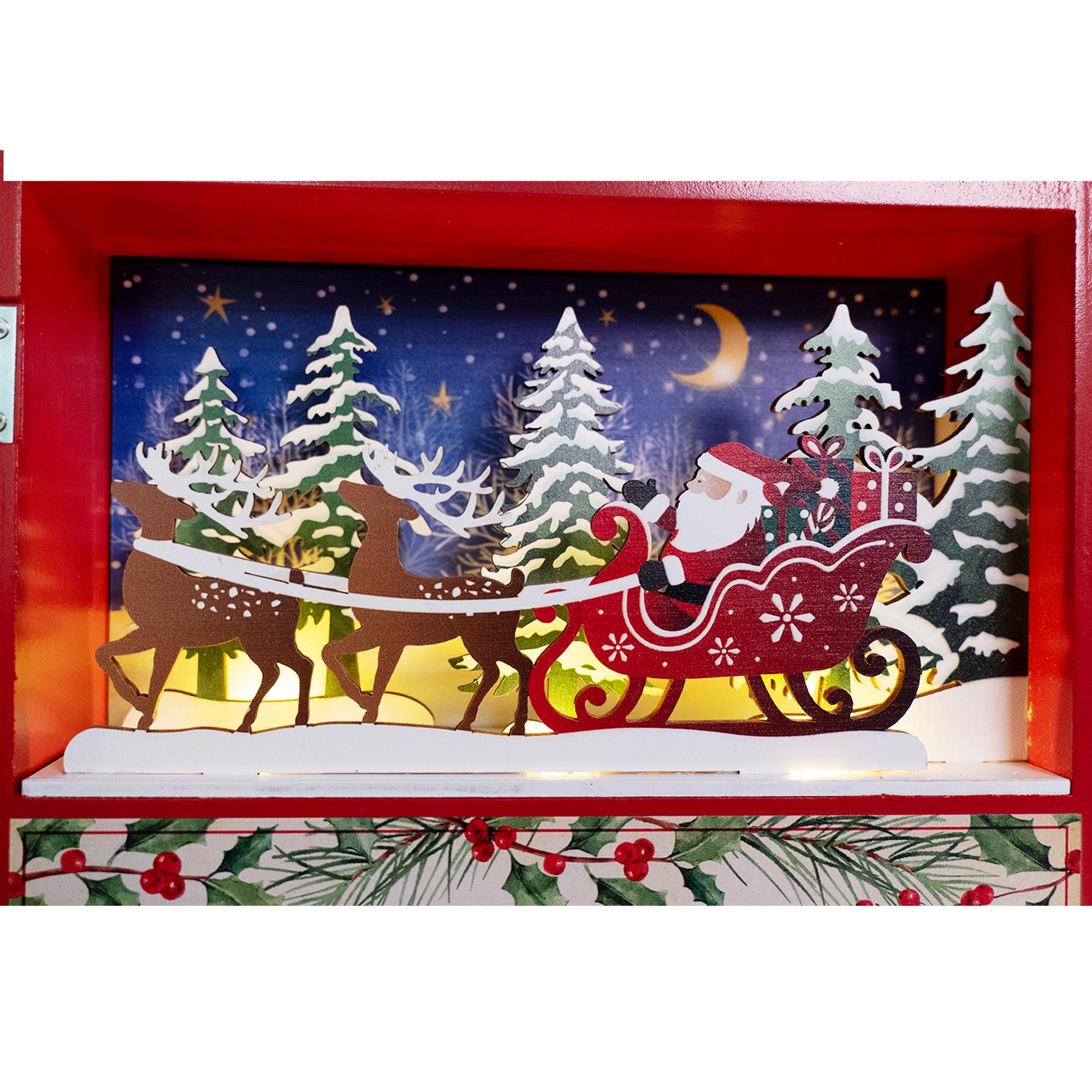 PE Adventskalender aus Holz in Buchform mit LED und 24 Boxen zum Befüllen | Aufklappbares Weihnachtsbuch mit 2 LED-Holzszenen, 24 Papierboxen; 4 AAA-Batterien erforderlich, nicht enthalten