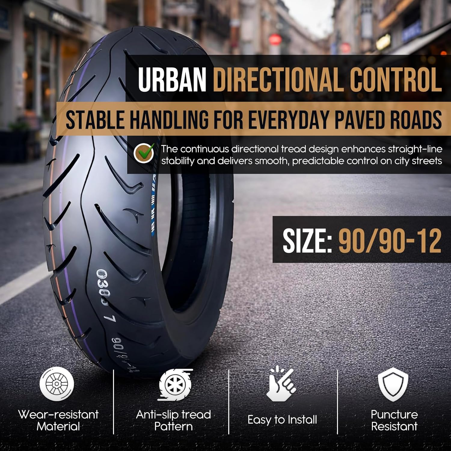 90/90-12 Scooter Tire, 90 90 12 Tubeless Street Neumático, 8PR Reinforced Nylon Casing, 61J Load Rating, Semi-Slick Performance Tread, Max Load 566 lbs, 90/90/12