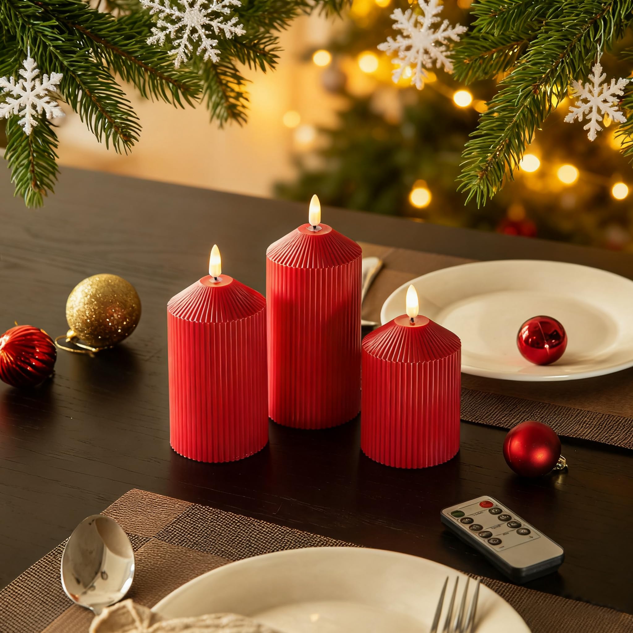 LUSHARBOR Candele senza fiamma con telecomando, a batteria, in vera cera, a LED, con timer, fiamma tremolante, per matrimoni, feste in casa, set da 3, colore: rosso