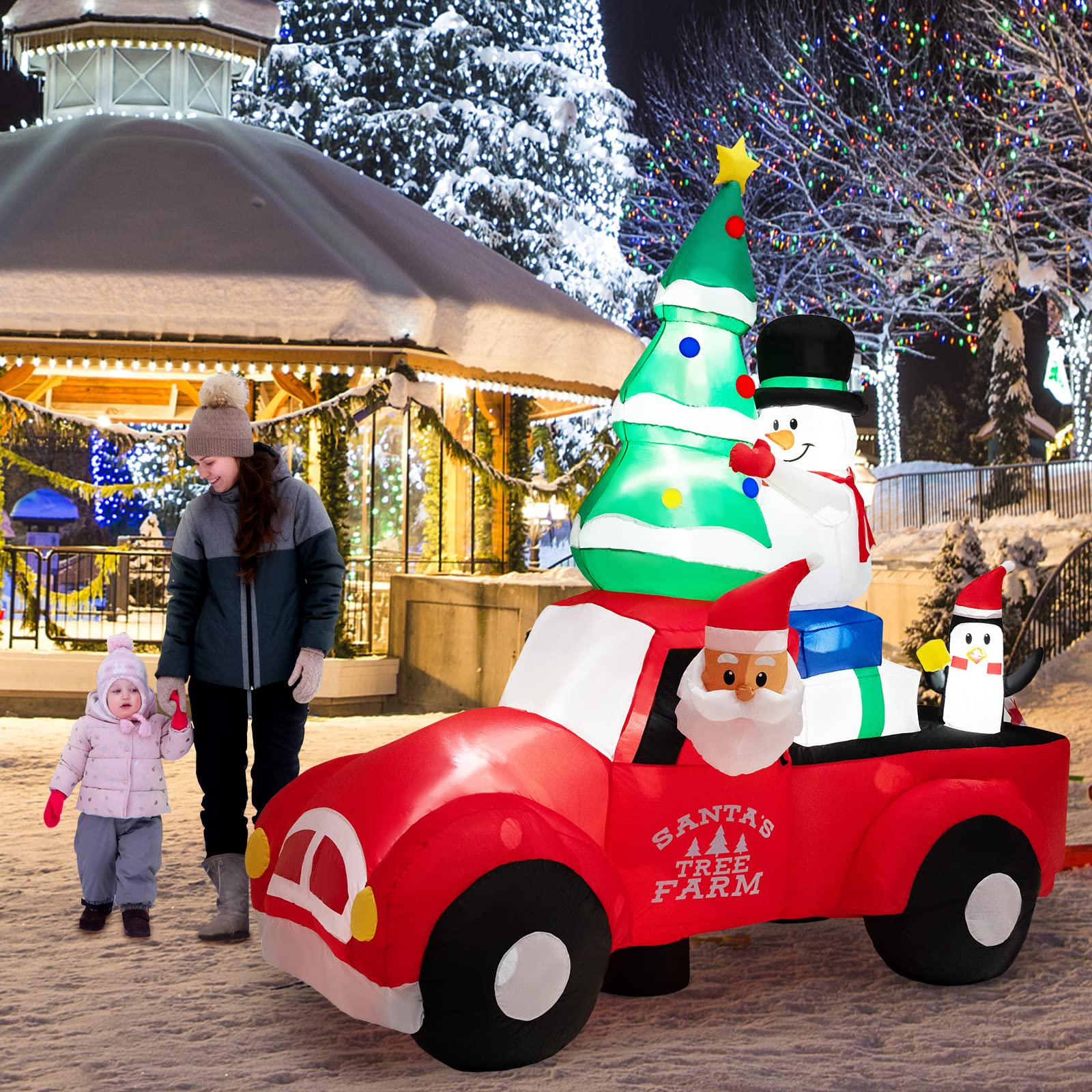 COSTWAY Aufblasbarer Weihnachtsmann fährt EIN Auto, LED Weihnachtsdekoration mit Schneemann, Weihnachtsbaum, Geschenk, Pinguin, Winterdekoration Polyester, für Hof Rasen Garten, Selbstaufblasend