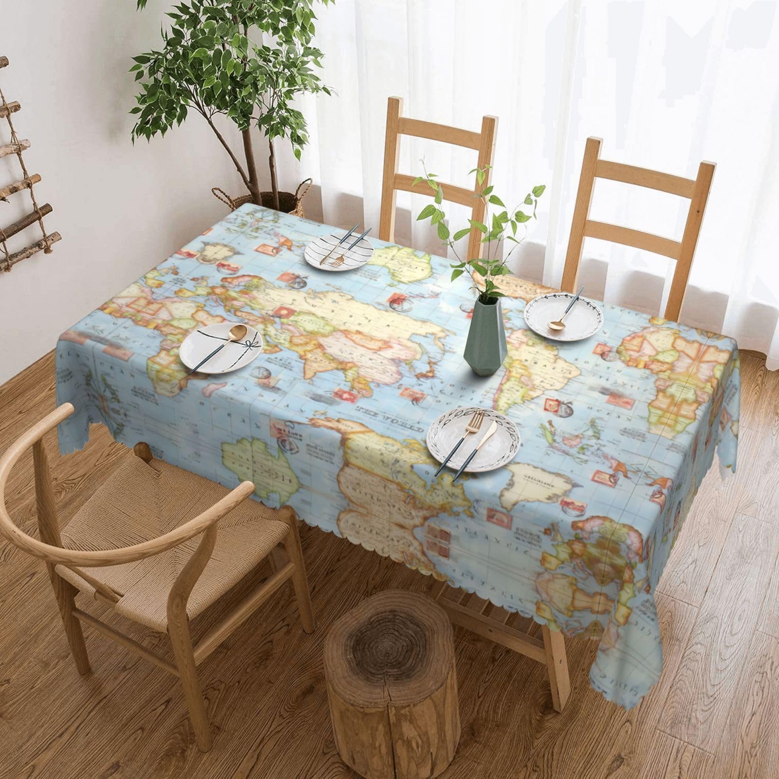 QAZWZML World Map Printed tablecloth, made of thick polyester with lace trim, suitable for dining rooms, picnics, and weddings
