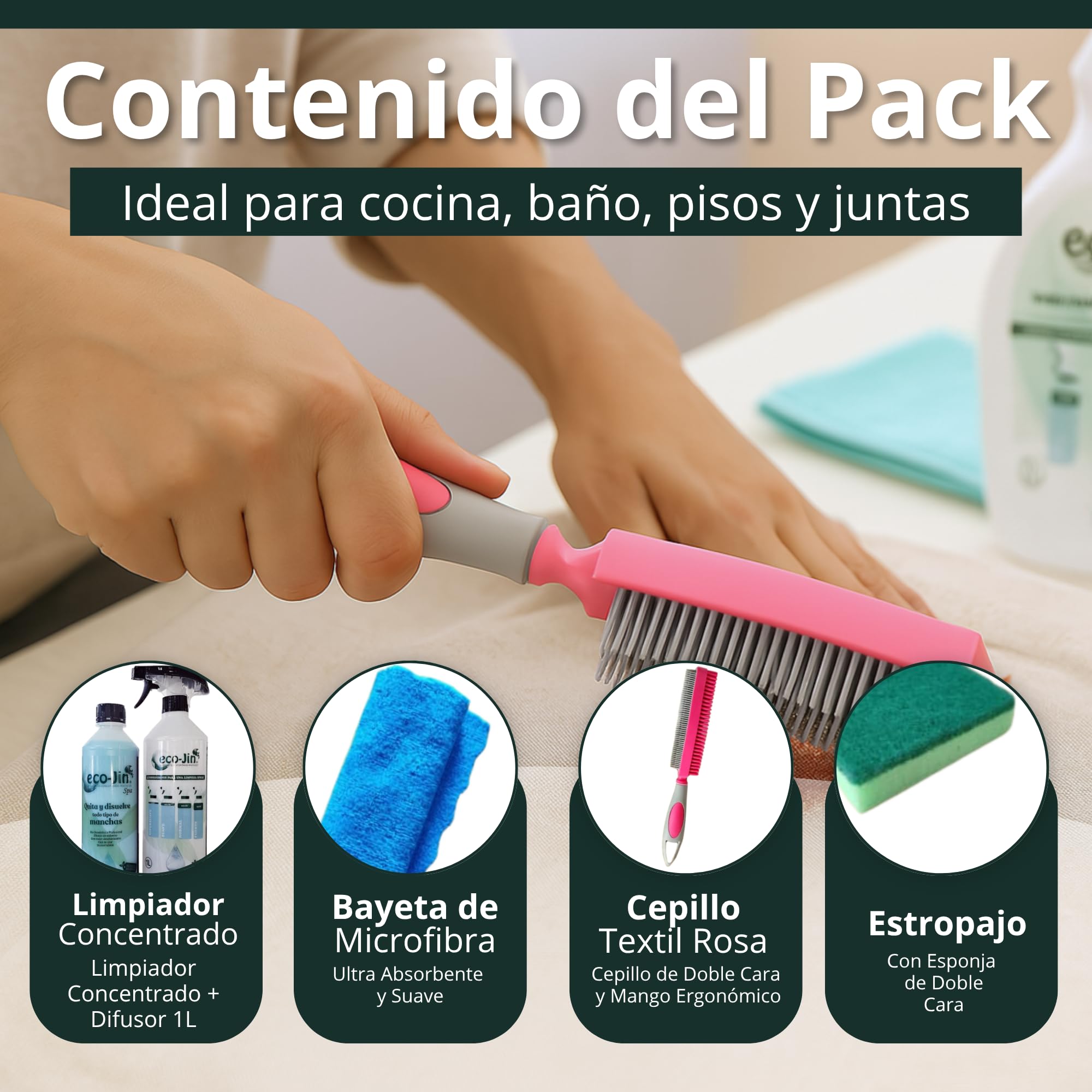 ECO-JIN Pack INTENSE | Difusor | Cepillo Para Textil Rosa | Bayeta Microfibra | Estropajo Con Esponja | Limpiador Multiusos