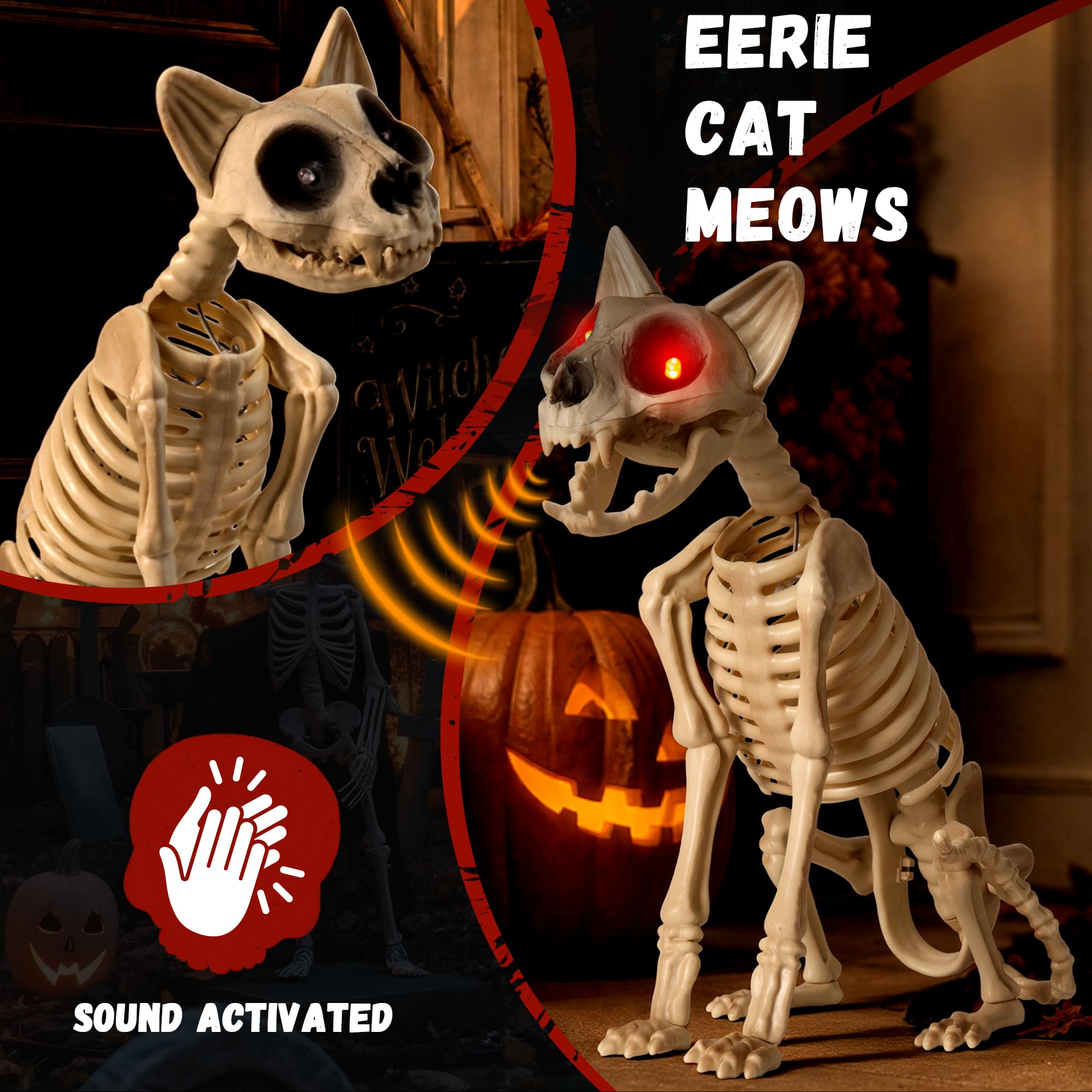 Halloween Animatronic Scheletro Gatto 38 cm, suono e tocco attivato decorazione di Halloween con mascella mobile, occhi rossi luminosi e suono spettrale, puntello animato per casa infestata, cortile