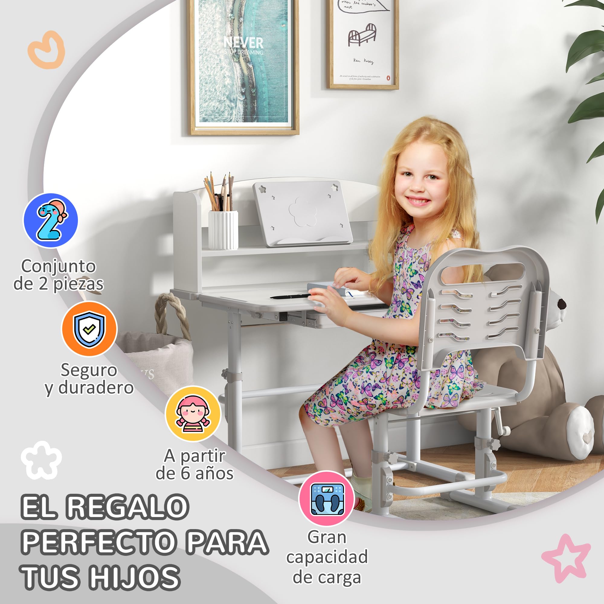 ZONEKIZ Juego de Escritorio y Silla para Niños de 6-12 Años Pupitre Infantil Altura Ajustable con 1 Cajón 1 Estante para Libros y Ángulo de Mesa Ajustable 80x54,5x82-104 cm Gris y Blanco