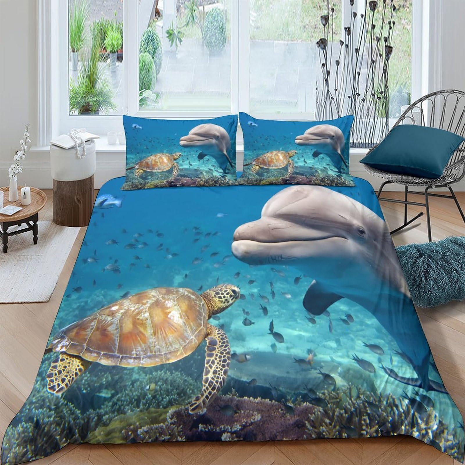 Ctjqhvkz Style-8 3D Printed Ocean Turtle Fitted Sheet Microfiber Blue Underwater Dolphin Bed Sheet For Bedroom Guest Room Decor Single（135X200cm）