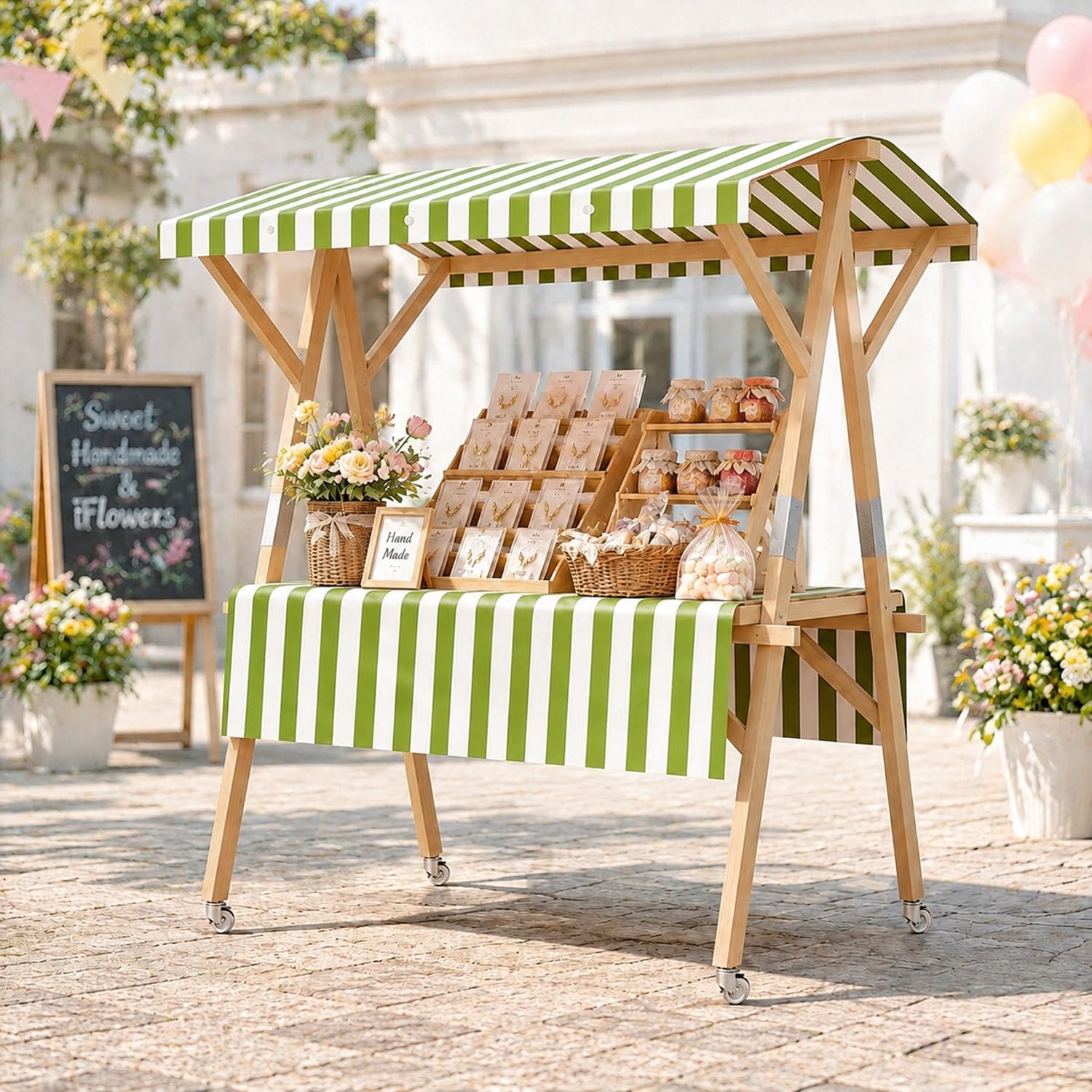 COAKUE Portable Foldable Wooden Farmers Market Stand on Wheels with Awning, Outdoor Vendor Cart Roadside Farm Stand for Roadside Vending, Markets & Craft Fairs GreenB-120cm/47.2in