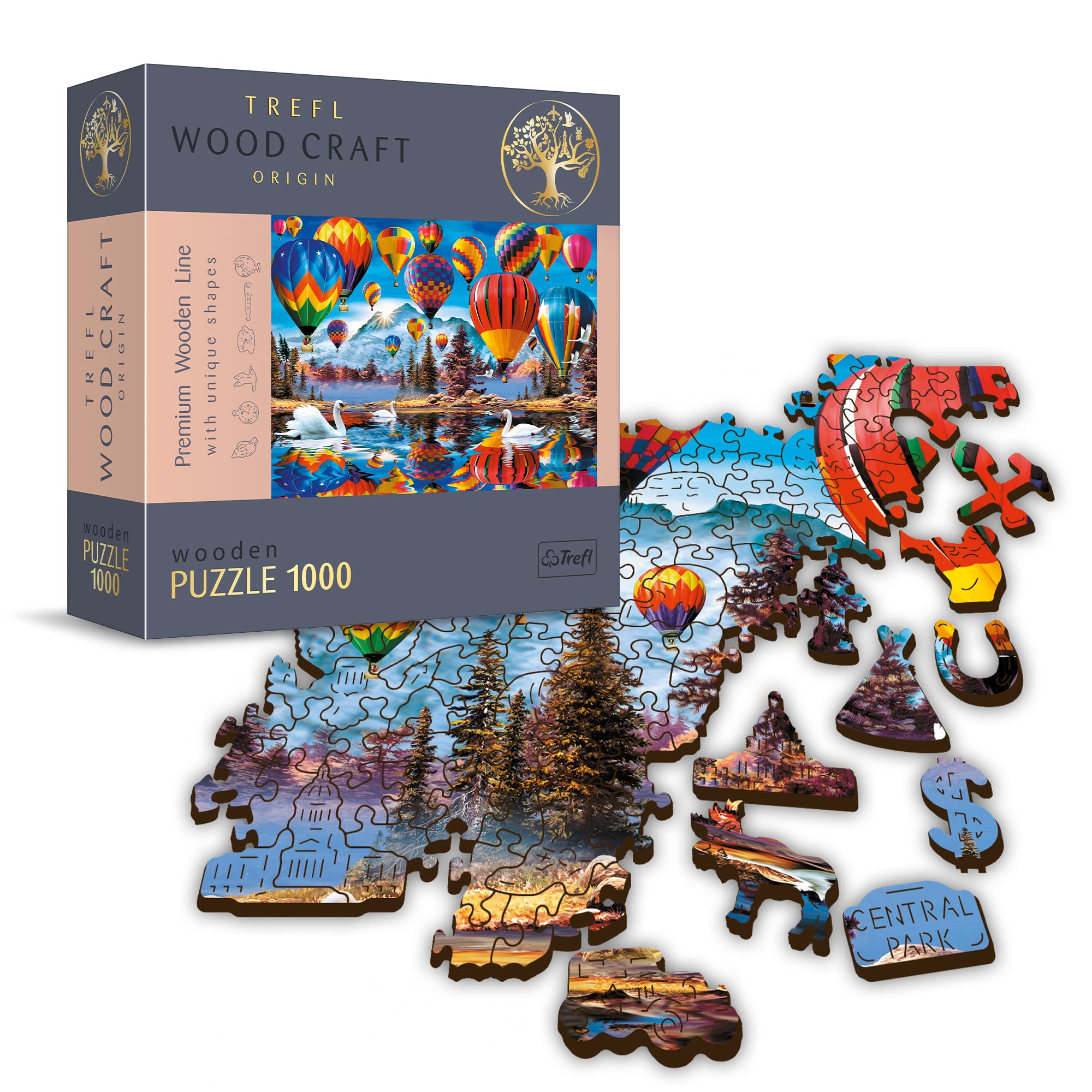 Trefl - Puzzle en Bois, Ballons Colorés - 1000 Pièces, Artisanat en Bois, Formes Irrégulières, 100 Figures De Monuments Et Symboles Américains, Puzzle Moderne De Qualité Supérieure, Bricolage