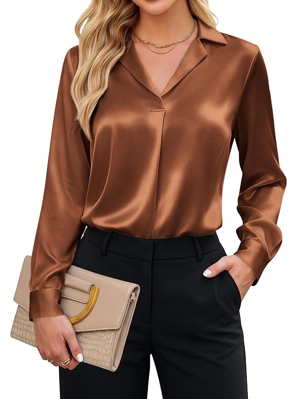 Blooming Jelly Women Business Casual Satin Blouses Collar Shirt(Brown, S) by Blooming Jelly - Used condition - US$18.99