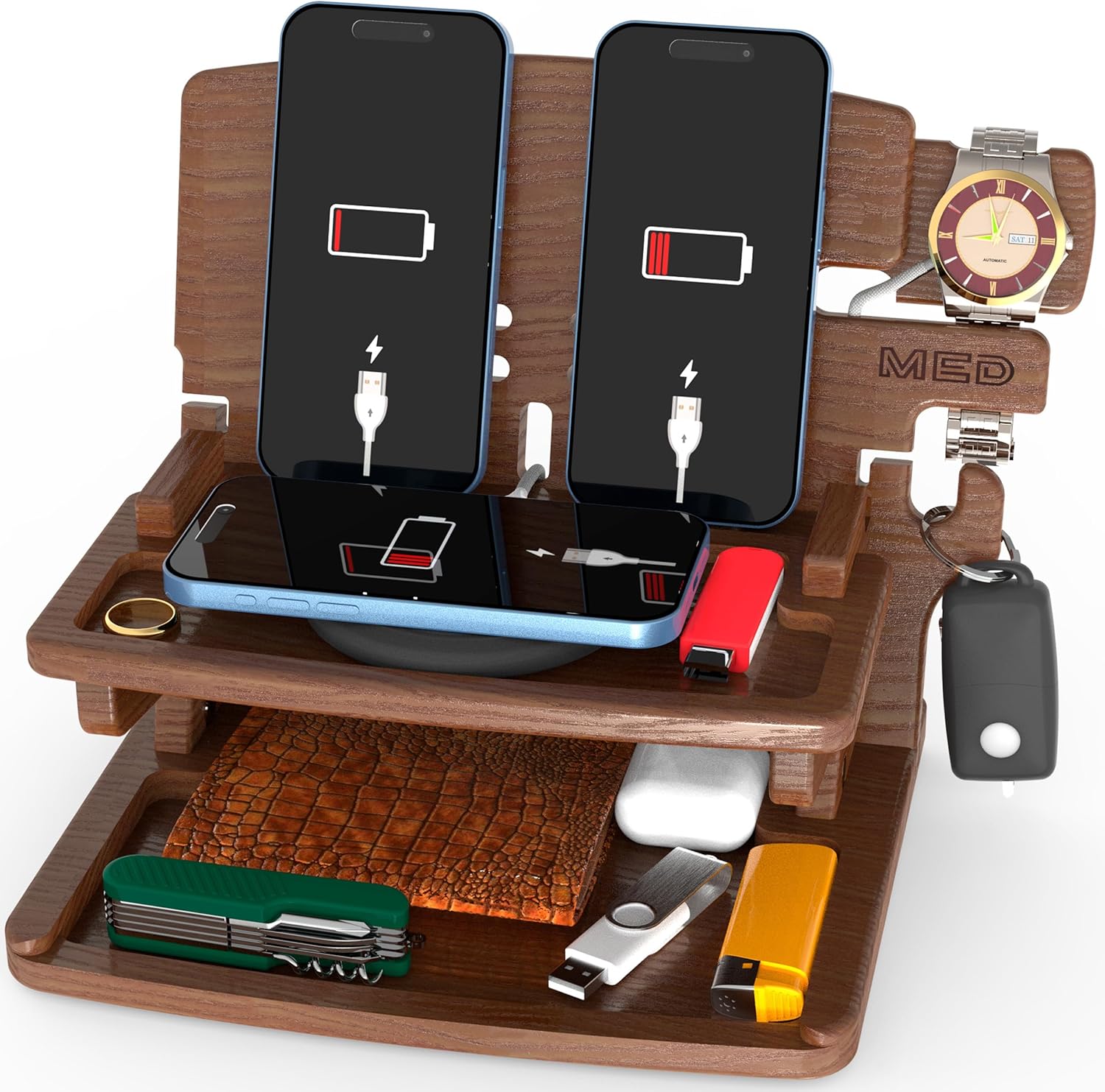 Wood Phone Docking Station Nightstand Organizer for Men - Home Accessories for Men and Woman - Great Gifts (Dark Walnut, Model 2)