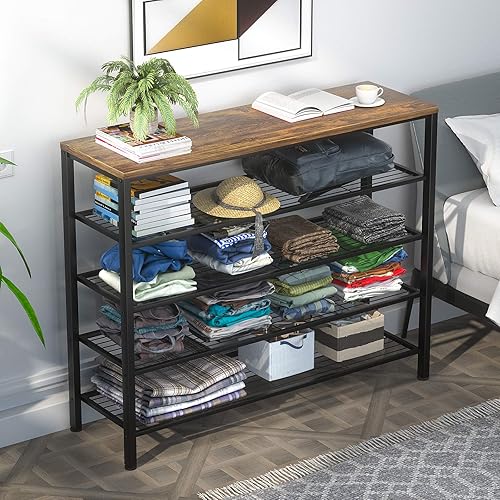 Miniatura 5 de Homfio Zapatero organizador industrial de almacenamiento de zapatos, estante grande de metal de 5 niveles con tabla de madera, mesa de entrada para