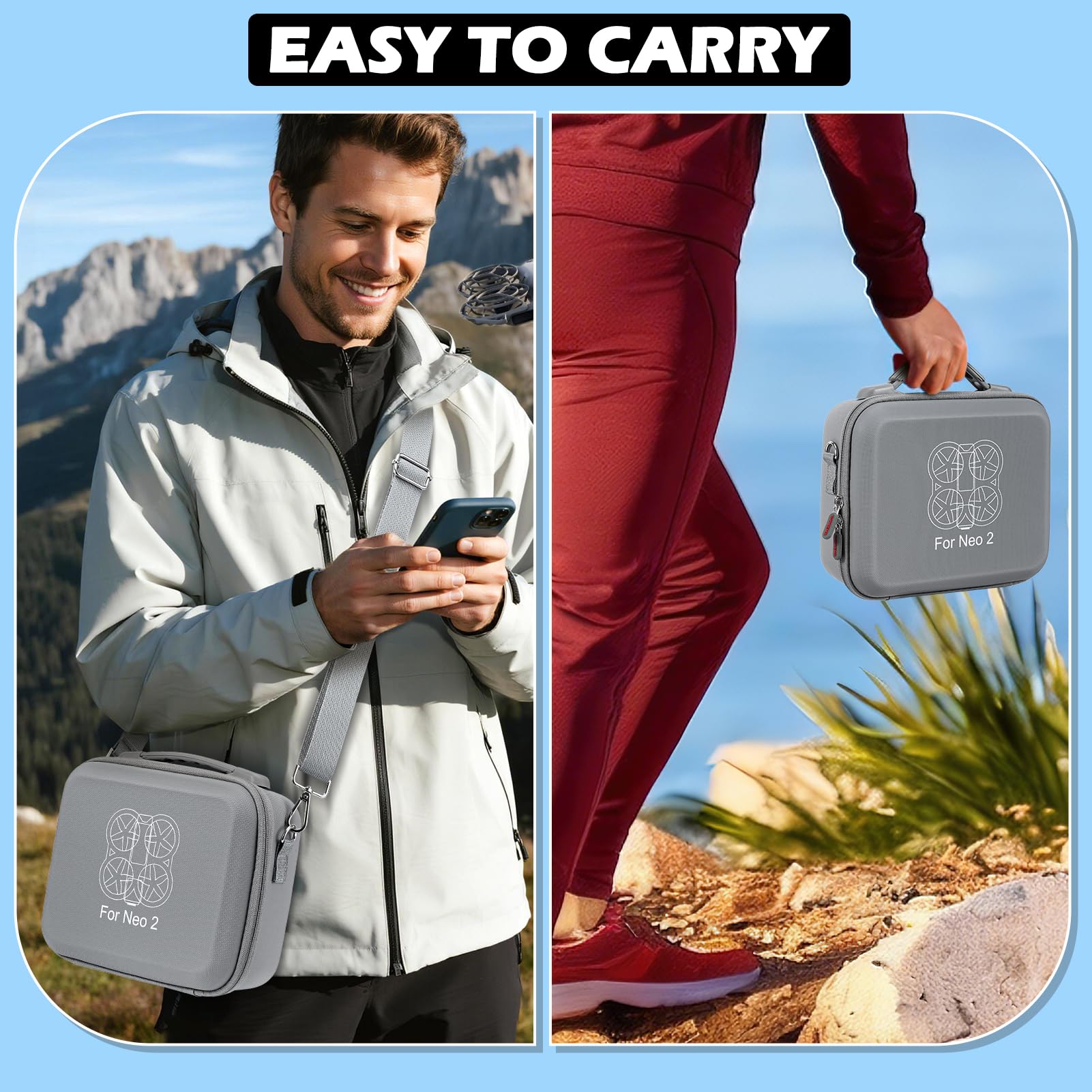 Custodia per DJI Neo 2 con Tracolla Staccabile, Borsa di Stoccaggio da Viaggio, Compatibile con Drone, Batterie, Hub di Ricarica Bidirezionale e Altri Piccoli Accessori – Grigio (Materiale PU)