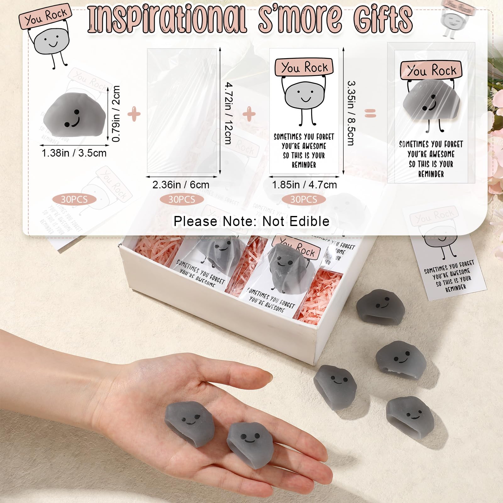 Wettarn 50 Sets Emotional Luminous Stone Stress Ball Bulk End of Year Gifts Cute Positive Stone Squeeze Inspirational Card Stress Relief Ball Graduation Gift for Teacher Student Coworker Employee