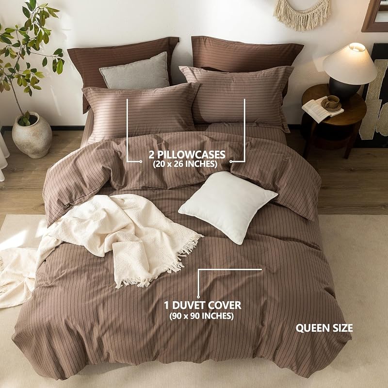 Warm Moment 3Pcs Brown & Black Striped Queen Duvet Cover Set Washed Cotton image 3