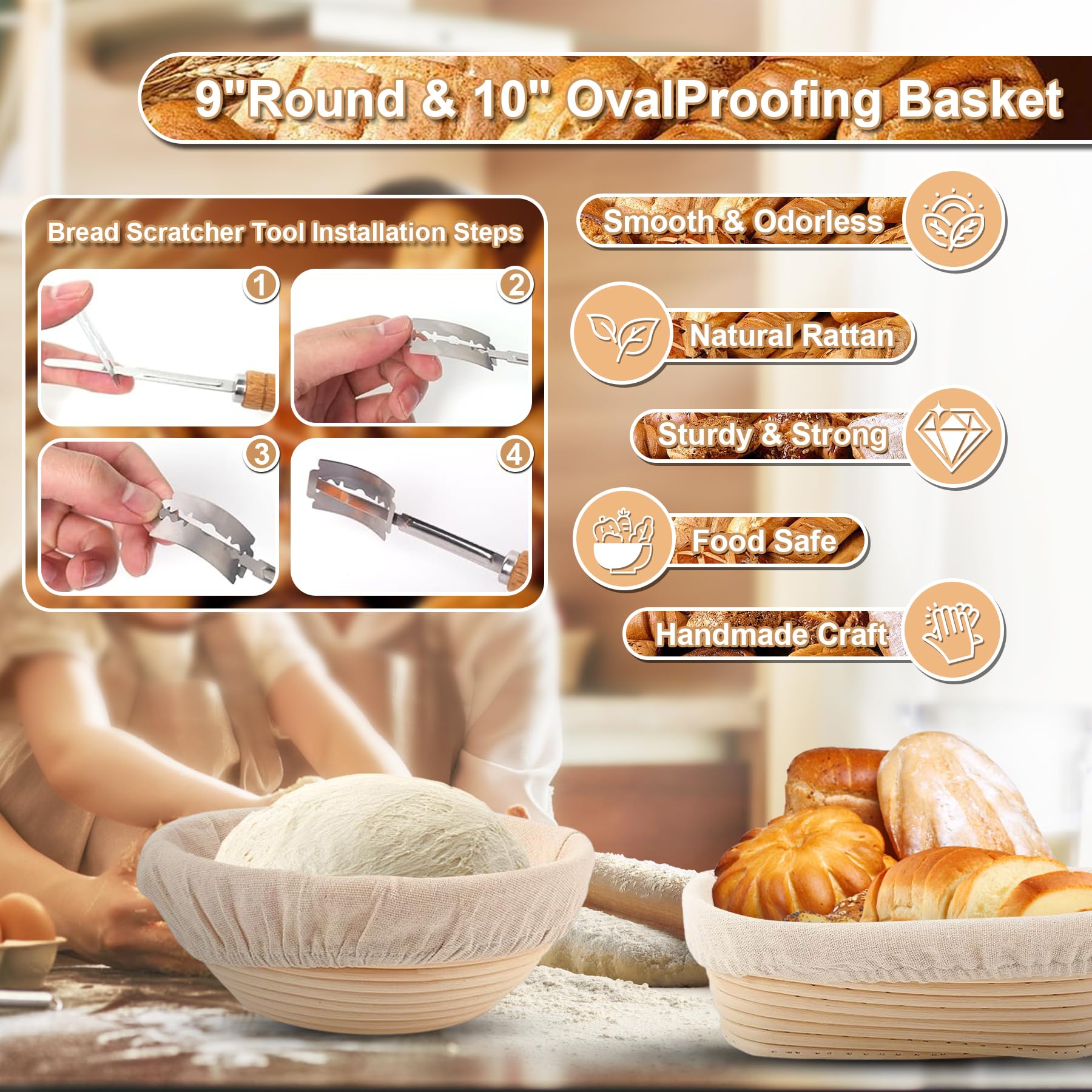 10 Stück Sauerteig Starter Set, 23 cm runde und 25 cm ovale Gärkörbchen, 730 ml Gärgläser, Teigbackzubehör für knusprige Krusten, geeignet für Anfänger und erfahrene Bäcker