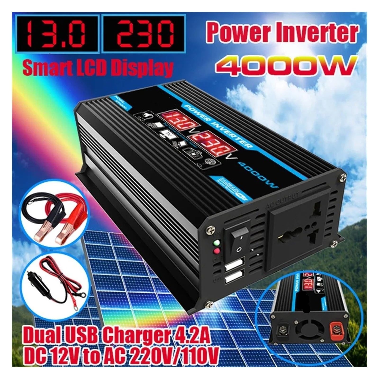 Onduleur Voiture Convertisseur 1600W-4000W 12V À 220V/110V avec Double USB Alimentation Automobile Domestique Onduleur Onde Sinusoïdale pour Convertisseur