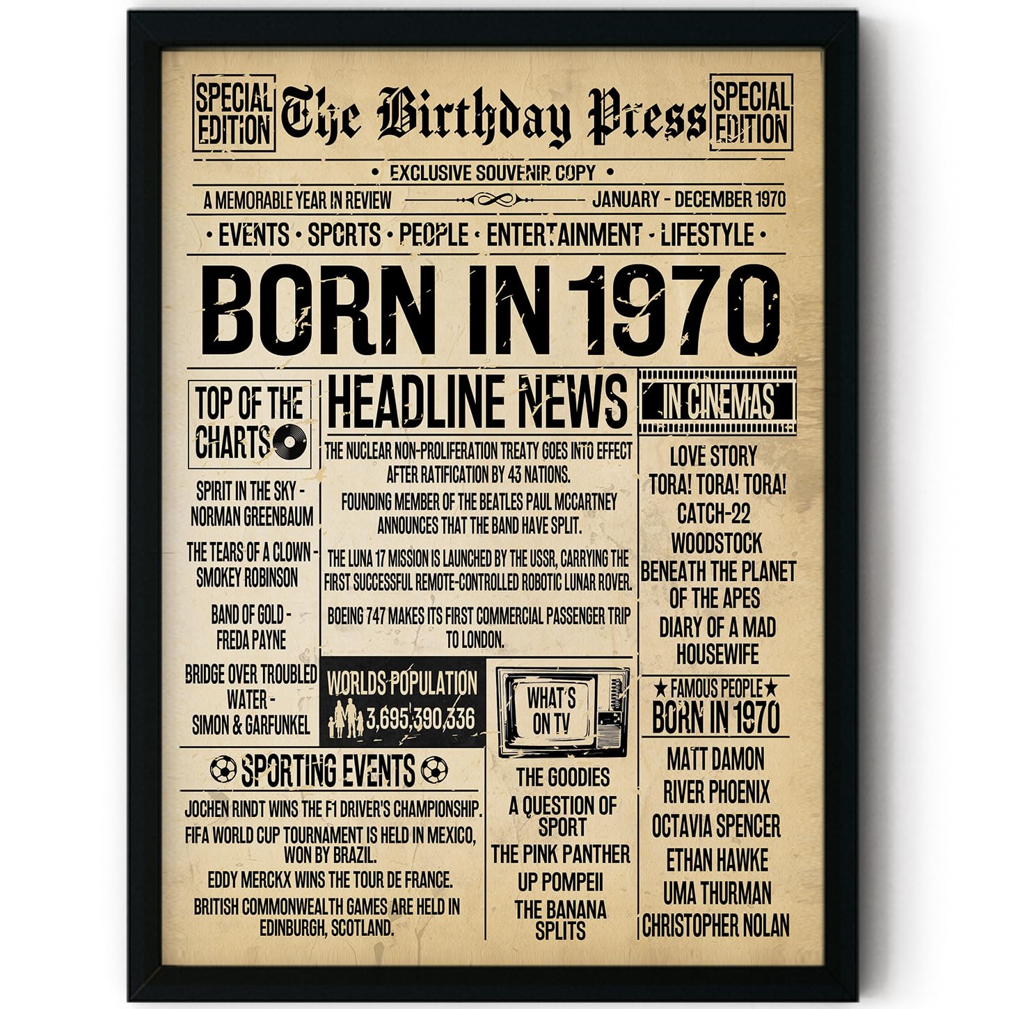 Stuff4 Women's 1970 56Th Birthday Poster Framed - Born In Vintage Newspaper - Happy 56Th Birthday Gifts For Men Retro Back In 8X10 Inch Decor Decoration Bday Party