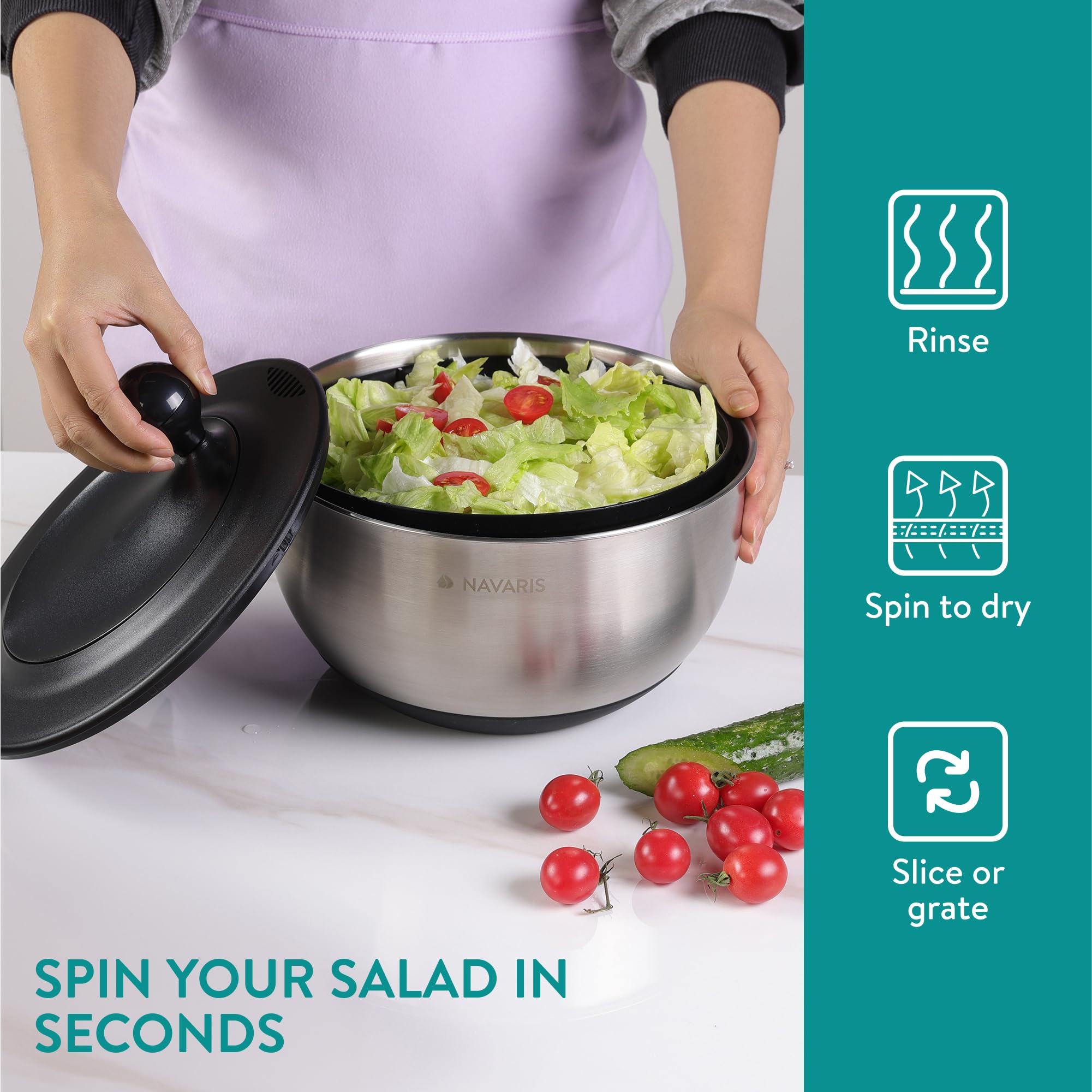 Navaris Escurridor de Ensaladas con Tapa - Escurridor de Ensaladas de Acero Inoxidable - Secador de Ensaladas - Facil de Lavar Secar y Centrifugar - con Rallador y Discos Cortantes