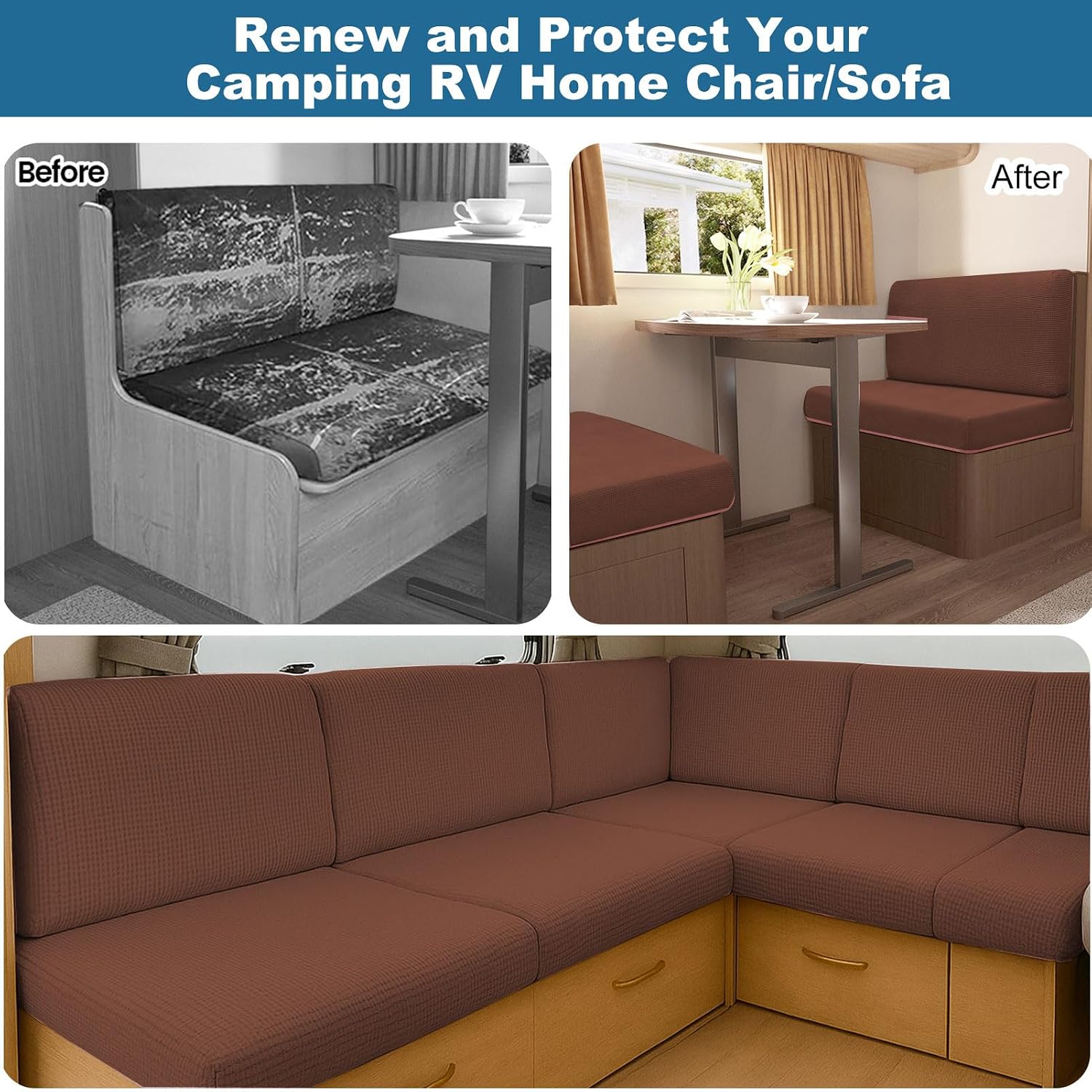 Stretch Jacquard Cushion Seat Covers for Caravan RV, Camper Water-Repellent Bench Backrest Slipcovers with 2 Elastic Straps Non-Slip Multi-Size Protector (Coffee,L190-220cm W 65-95cm)