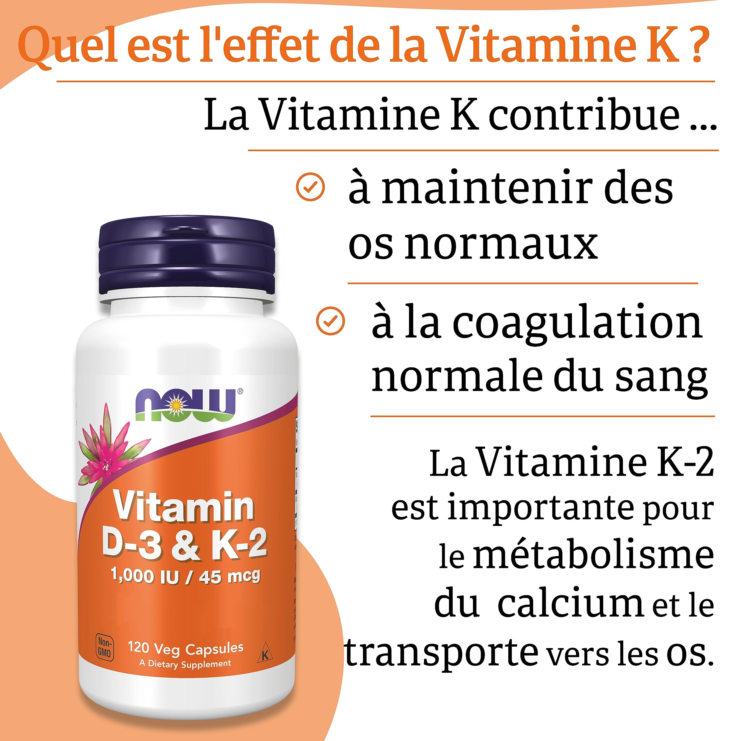 Now Foods, Vitamin D3 & K2, 1.000 UI, 120 Capsules végétaliennes, Testé en Laboratoire, Multivitamines, Sans Gluten, Sans Soja, Végétarien