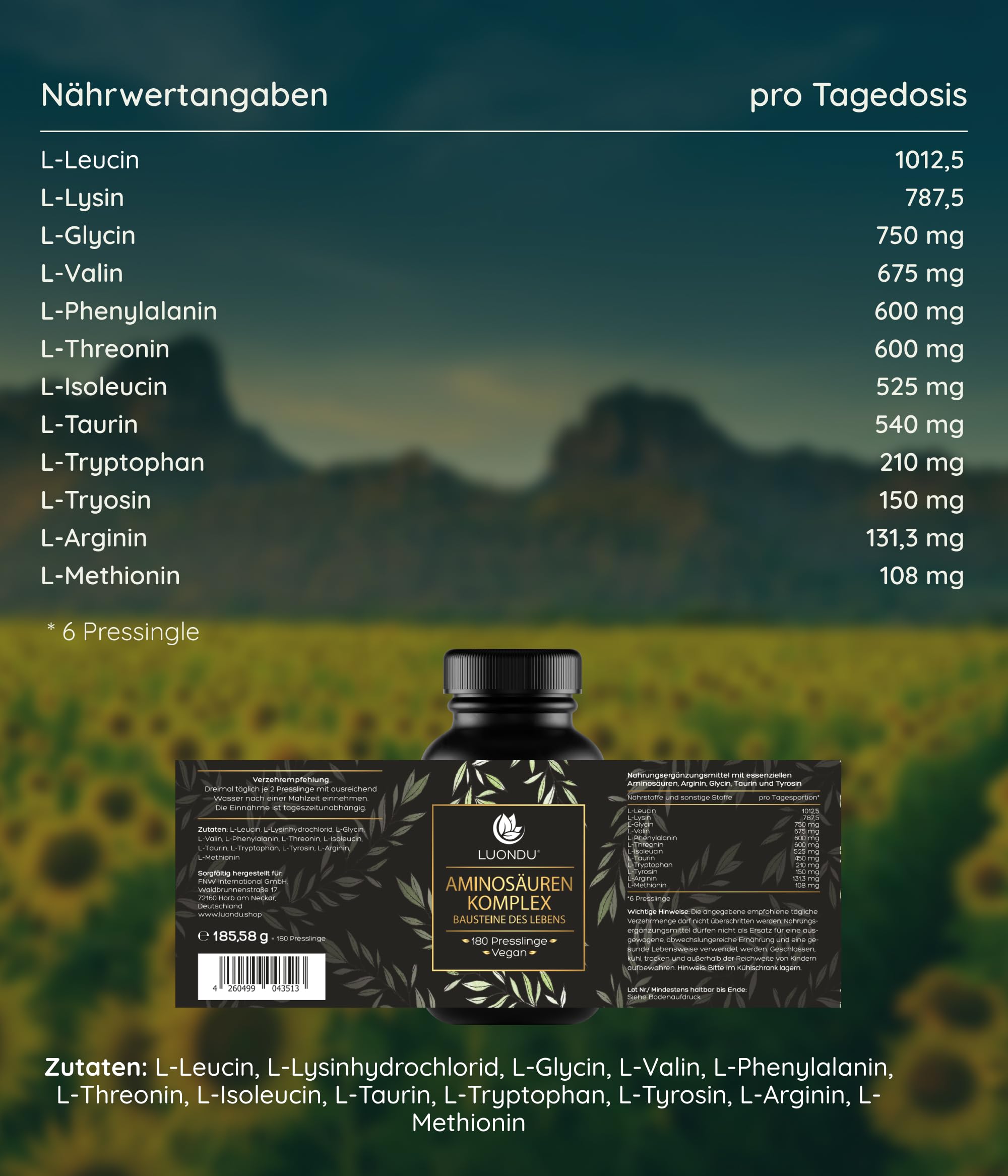 Aminosäuren Komplex hochdosiert - 180 vegane Amino Tabletten mit je 1000 mg pro Tagesdosis mit 12 verschiedenen Aminosäuren - EAA Pattern Presslinge von LUONDU - Verpackung kann variieren