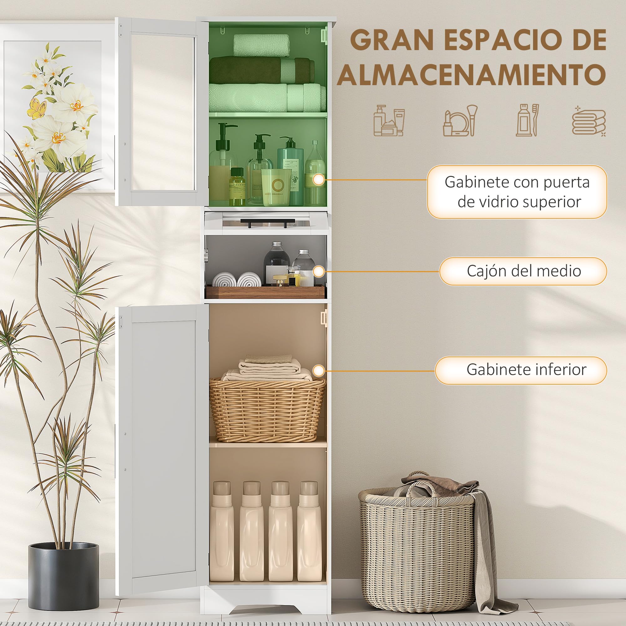 HOMCOM Armario de Baño Alto de Pie con Puerta Vidrio 40x31x170 cm Blanco | Mueble Auxiliar de Baño, Estantes Ajustables, Cajón, Columna Estrecha para Espacios Pequeños