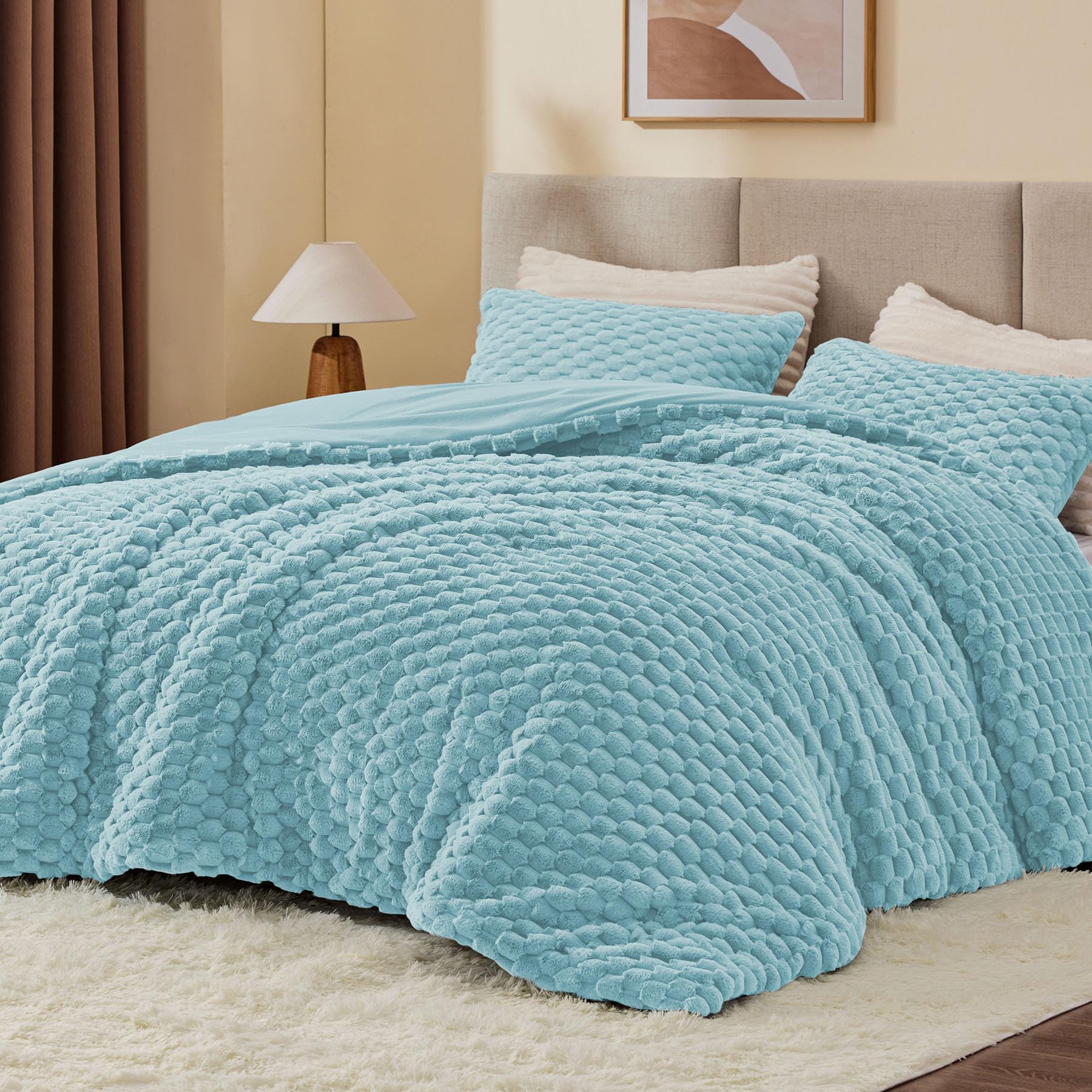 BEDELITE Fluffy Full Size Comforter Set, Dusty Blue Fleece Bed Set 3 Pieces | Soft &amp; Warm, Luxury Fuzzy Bedding for All Season, Cozy Room Decor Aesthetic, 1 Marshmallow Comforter with 2 Pillowcases