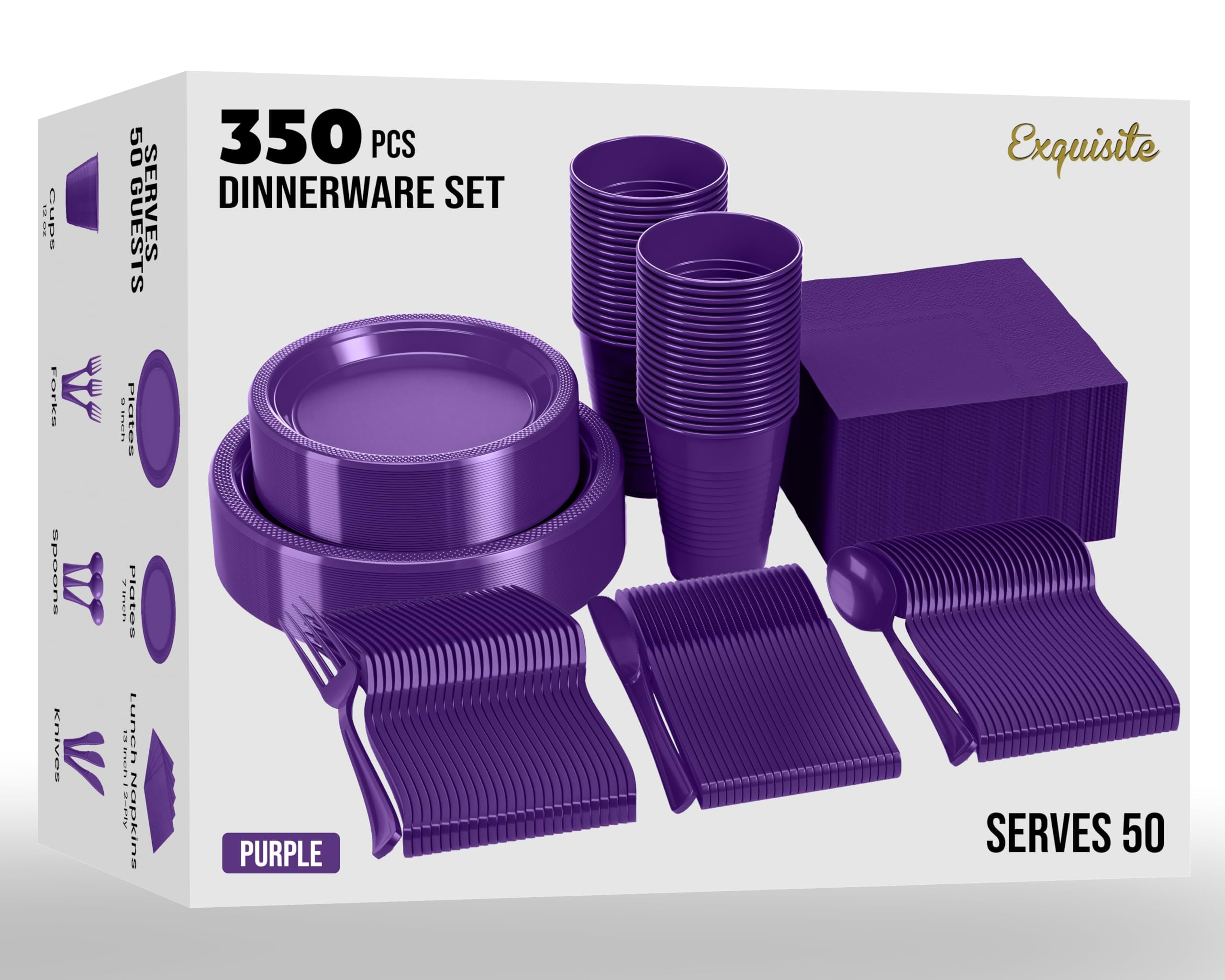350 PCS Disposable Tableware Combo Pack INCLUDES: 50 9" Purple Plastic dinner plates | 50 7" plastic appetizer plates |50 plastic cups | 50 paper napkins | 50 plastic cutlery spoons forks & knives