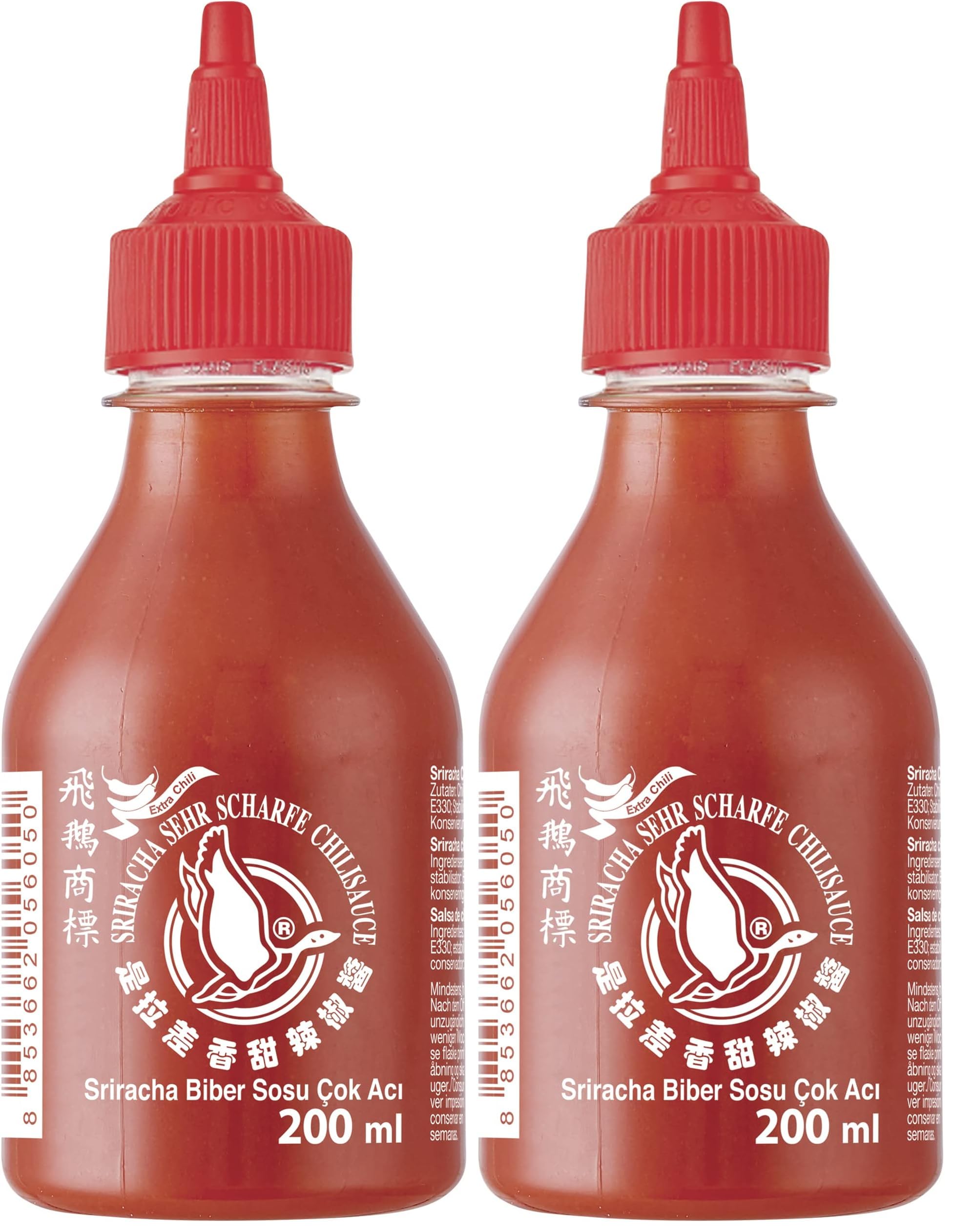 FLYING GOOSE Sriracha Chilisauce, mit extra Chili, sehr scharf, rote Kappe, sehr scharfe Würzsauce aus Thailand, 1 x 200 ml (Packung mit 2)
