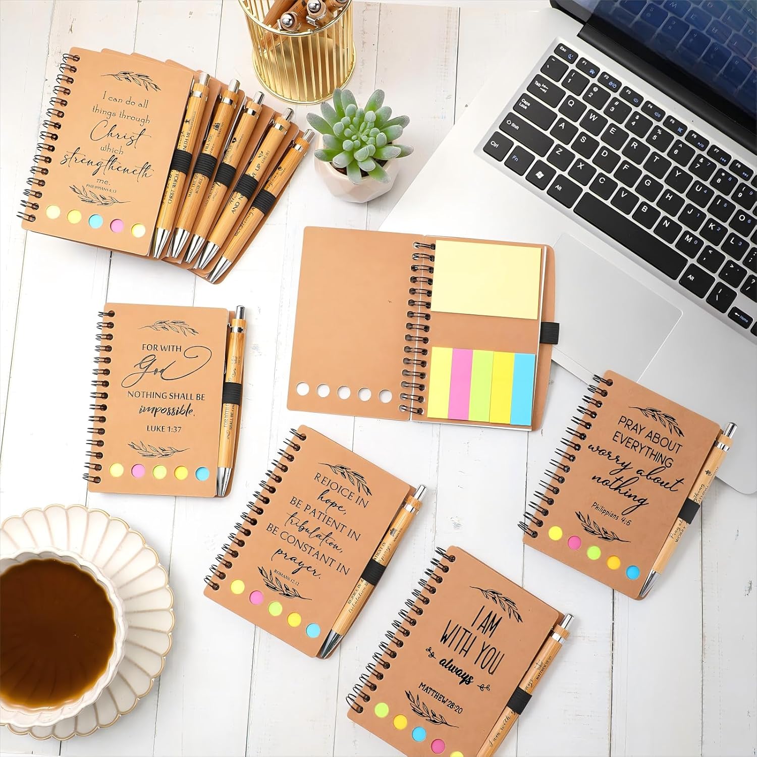 Kosiz 60 Pcs/ 30 Set Christian Gift Bulk Bible Verse Bamboo Pen Spiral Bible Notebook with Notes Religious Easter Basket Stuffers for Women Men Church Members Coworker Teacher (Kraft)