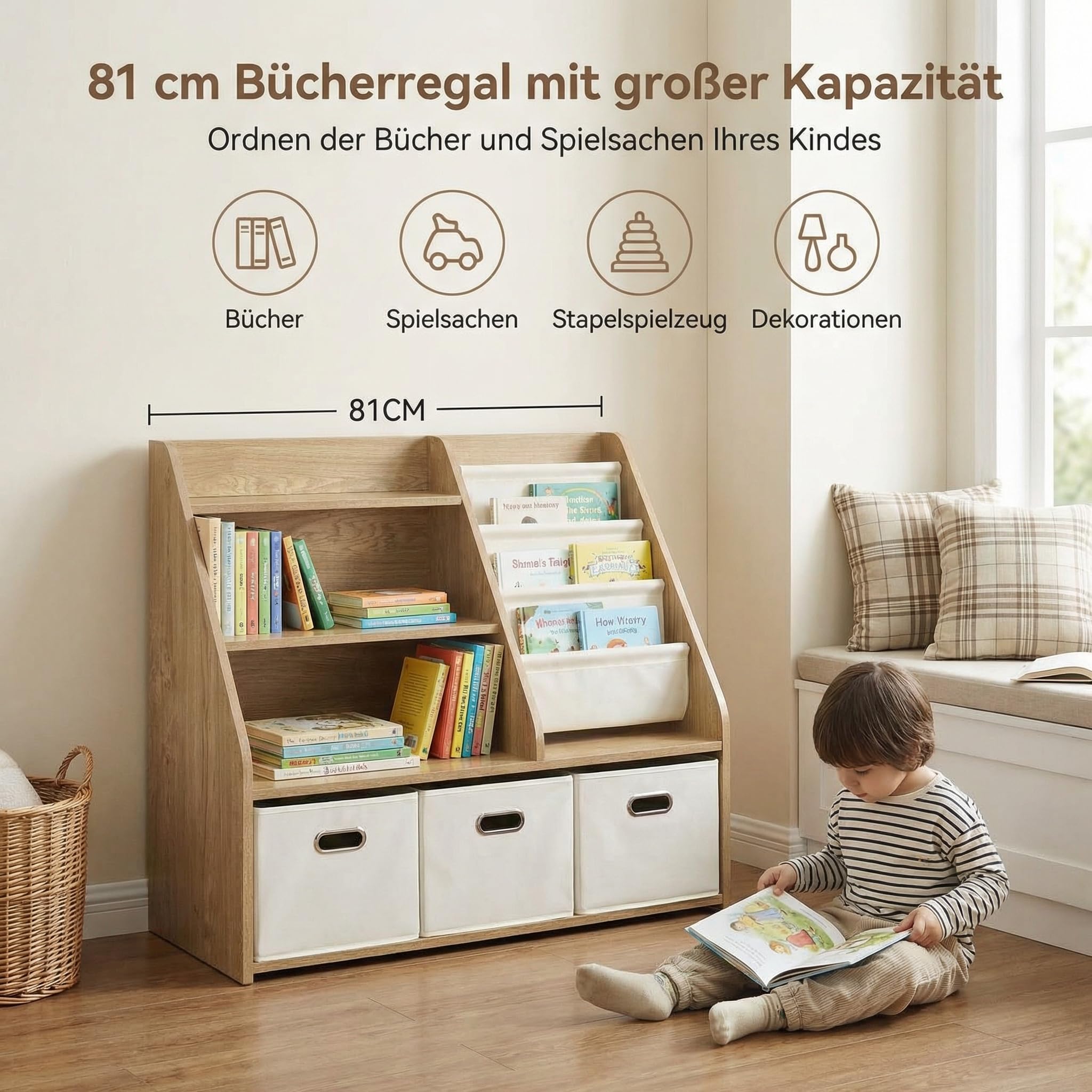 Bibliothèque pour Enfants avec Rangement - Étagère à Jouets Montessori à 4 Niveaux en Bois avec 3 tiroirs et 4 boîtes en Tissu - Organisateur pour Chambre d'enfant et Salle de Jeux