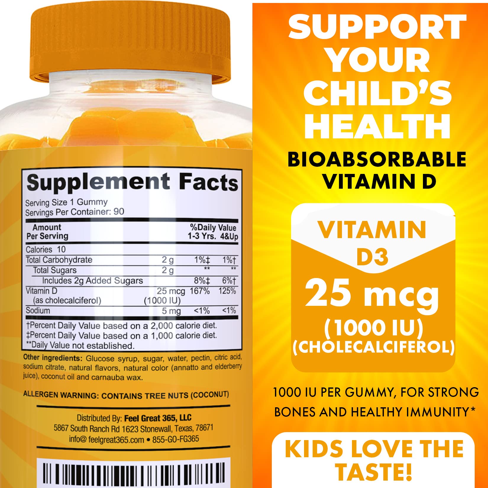 Kids Vitamin D Gummies (3 Month Supply) by Feel Great Vitamin Co Vitamin D3 for Kids (1000 IU