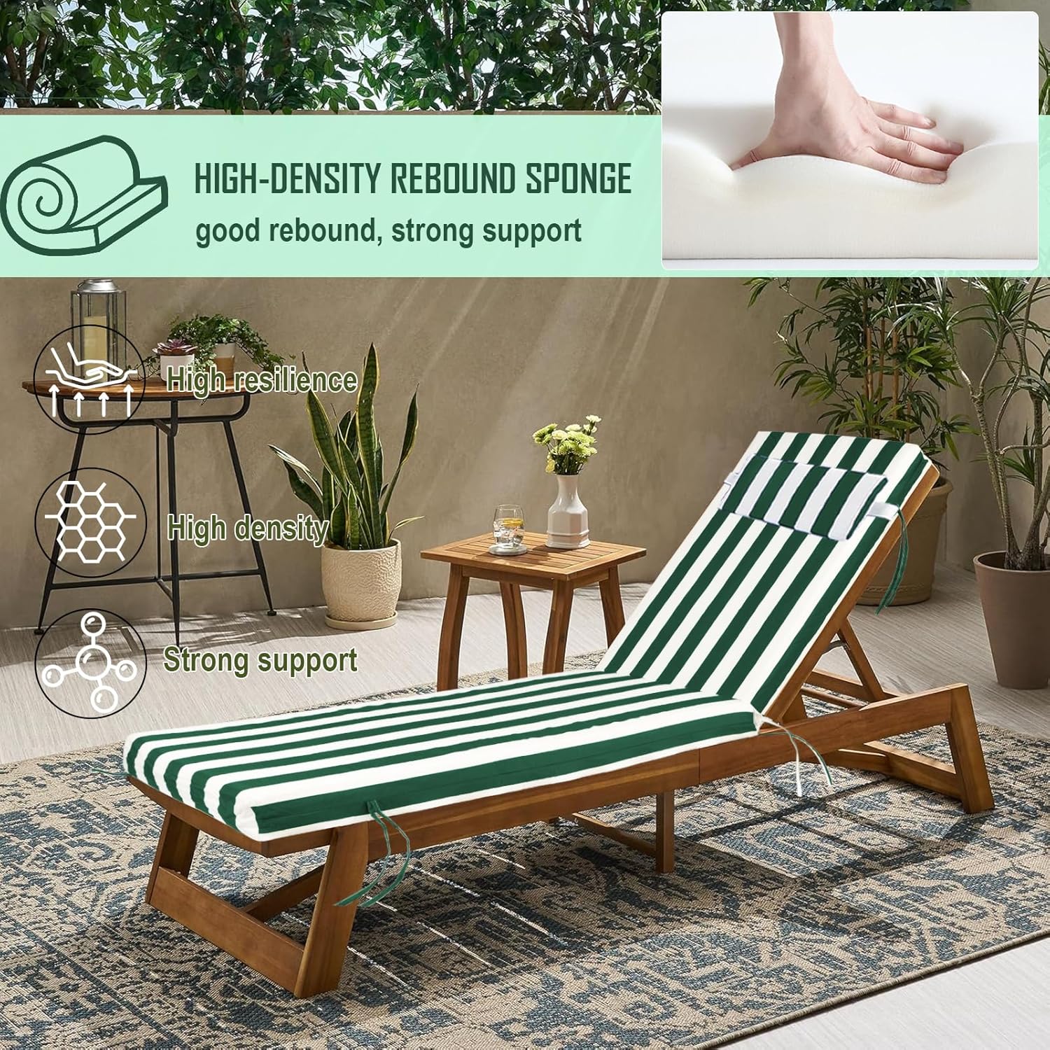 Outdoor Chaise Lounge Cushion, Waterproof Lounge Chair Cushions, 3 in High-Density Sponge Patio Furniture Chaise Replacement Cushions with Headres for Lawn Pool (Dark Green White Stripes, 1PCS)