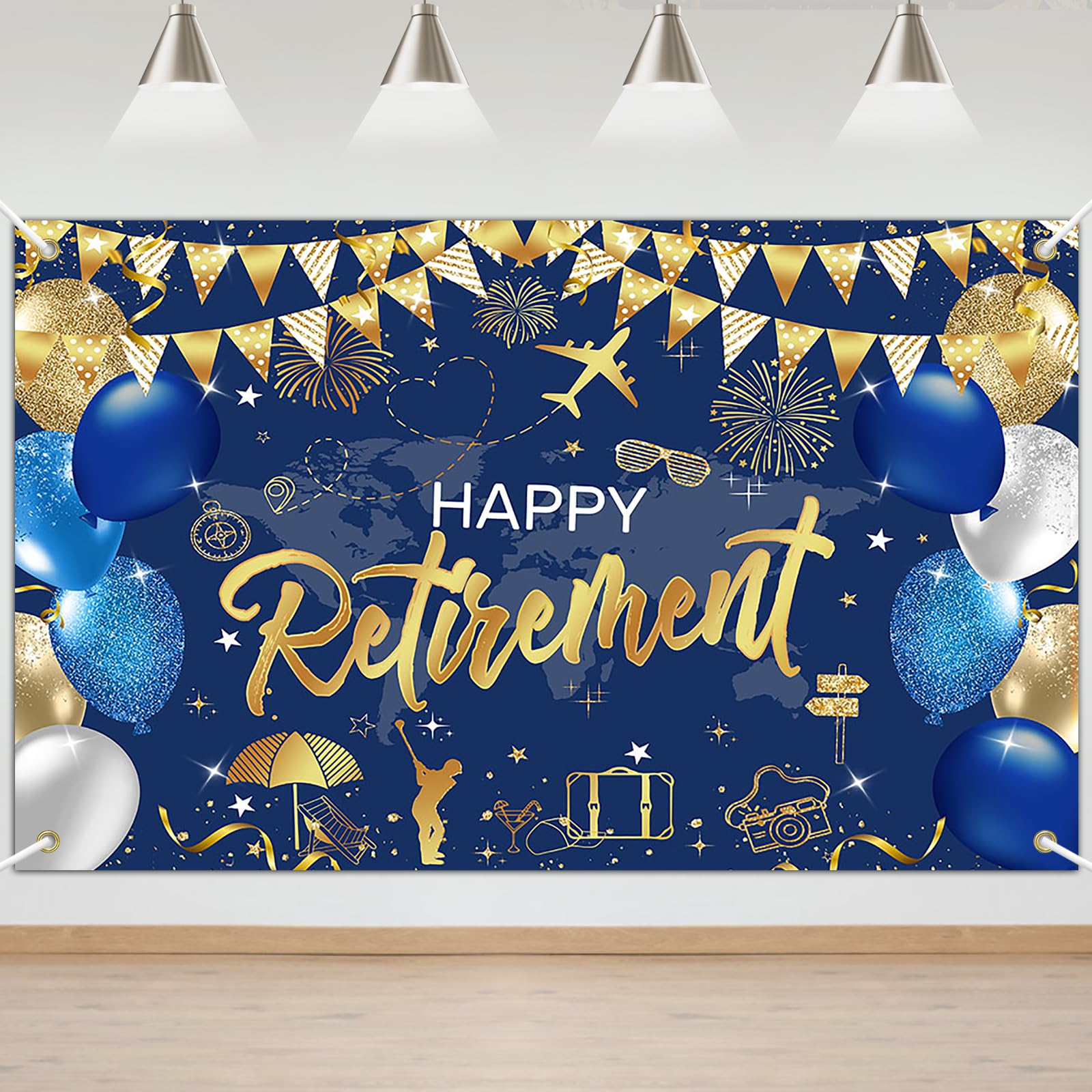Mocsicka Retirement Party Decorations Blue and Gold Happy Retirement Backdrop Banner Retired Party Decorations Photo Booth Props (Blue Gold, 180x110cm