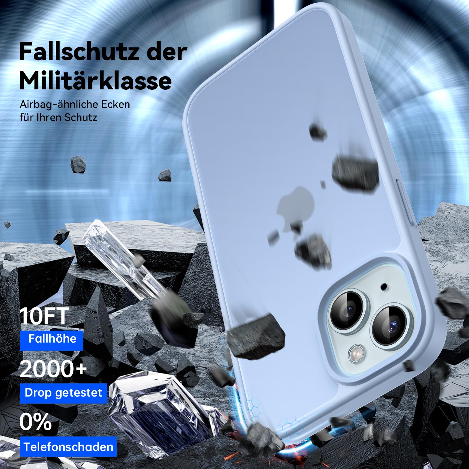 Opkiegrn Cover per iPhone 16e / 15/14 / 13, Antigraffio Antiurto Anti Ingiallimento Antishock Anticaduta Grado Militare Potettiva, Slim Trasparente HD Custodia per iPhone 16e / 15/14 / 13, Azzurro