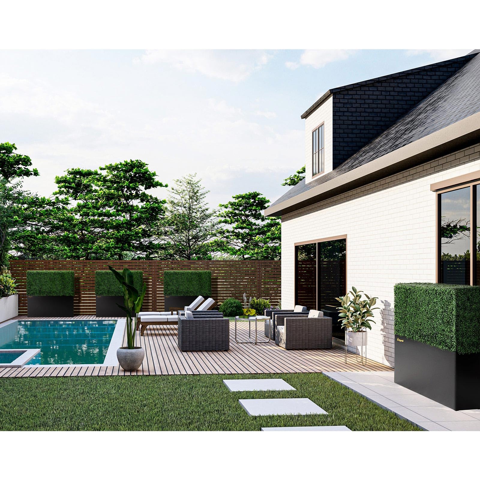 Pared de seto artificial con maceta negra cubierta por popular boj verde oscuro anti-UV, 50 pulgadas de largo x 48 pulgadas de alto x 14 pulgadas de profundidad