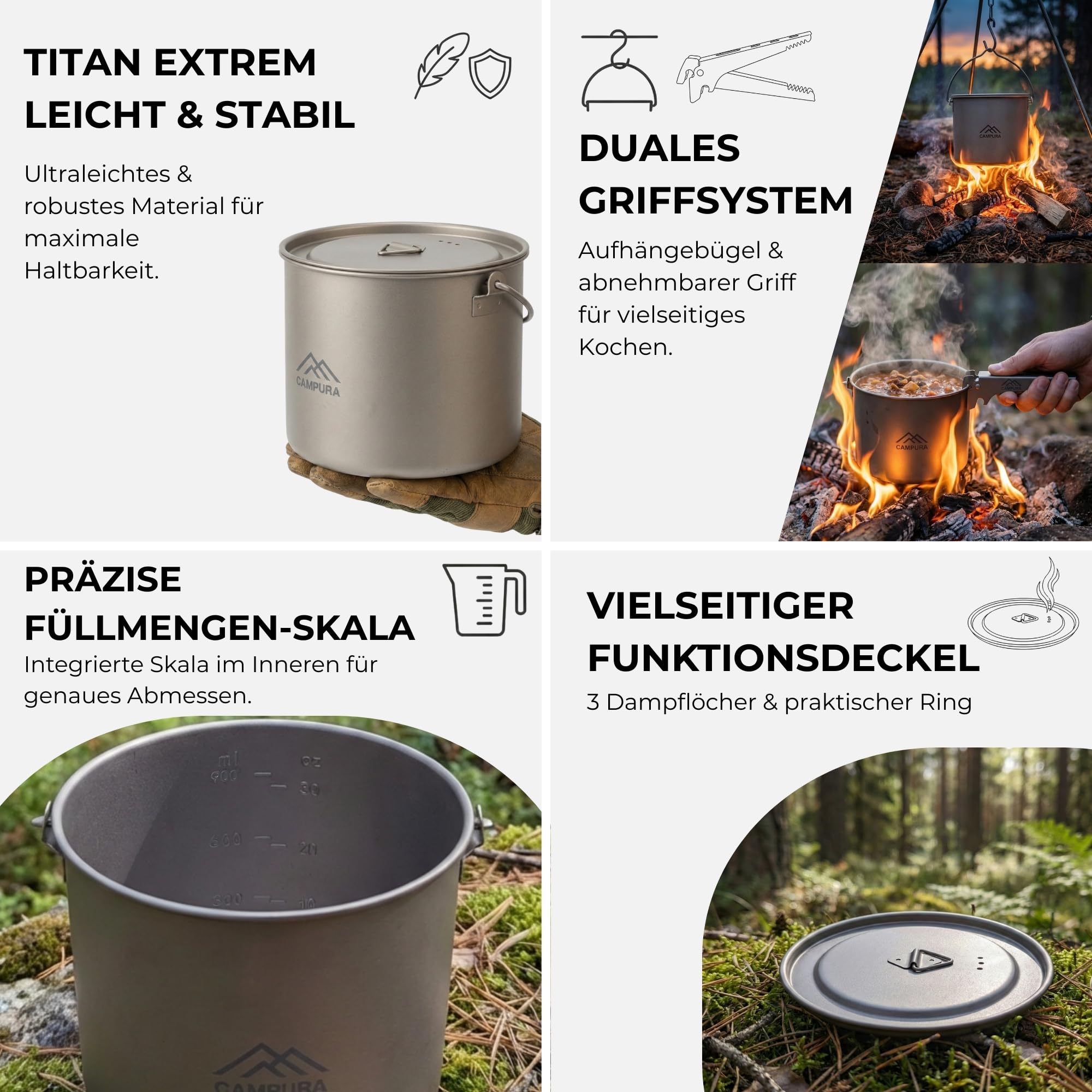 Titan Topf 1100 ml mit abnehmbarem Griff und Henkel – Ultraleichtes Camping Geschirr Set mit Messskala, Deckel & Netzbeutel für Outdoor, Bushcraft, Trekking (192g)