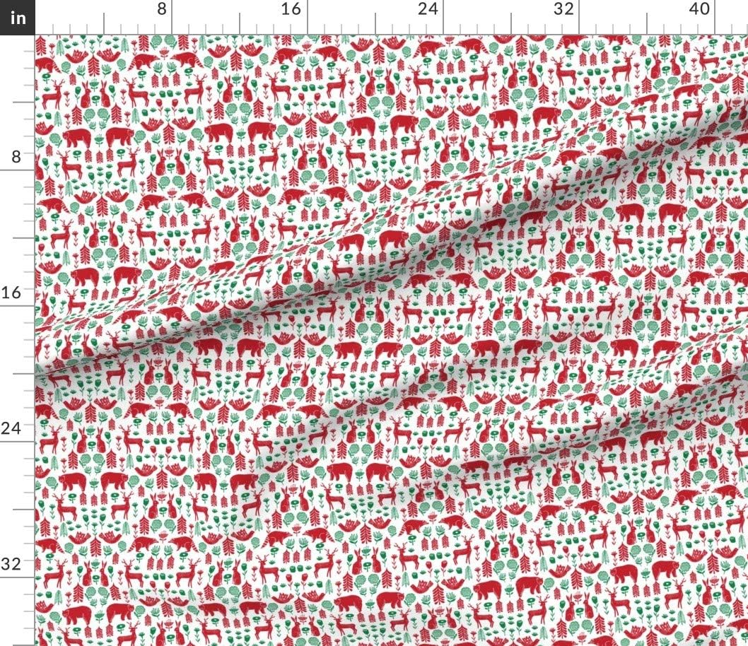 Spoonflower Fabric - Christmas Folk Scandinavian Winter Holiday Forest Animals Red Green Printed on Petal Signature Cotton Fabric by The Yard - Sewing Quilting Apparel Crafts Decor