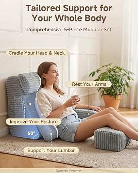 Foldable 5PCS Reading Pillow for Bed, Grey, 19