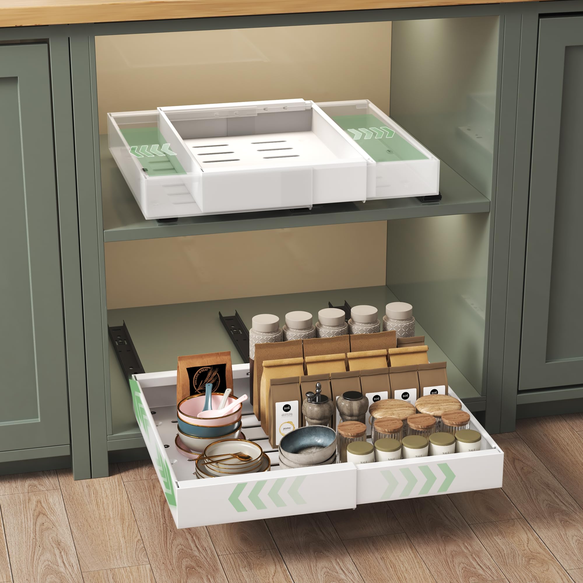 NETEL 2-Pack Pull Out Cabinet Organiser, Slide Out Drawers for Kitchen Cabinets, 32cm-52cm Extendable Stick On Pull Out Cabinet Organiser 3 Rails, No Drill Adjustable Drawers, Pull Out Kitchen Storage
